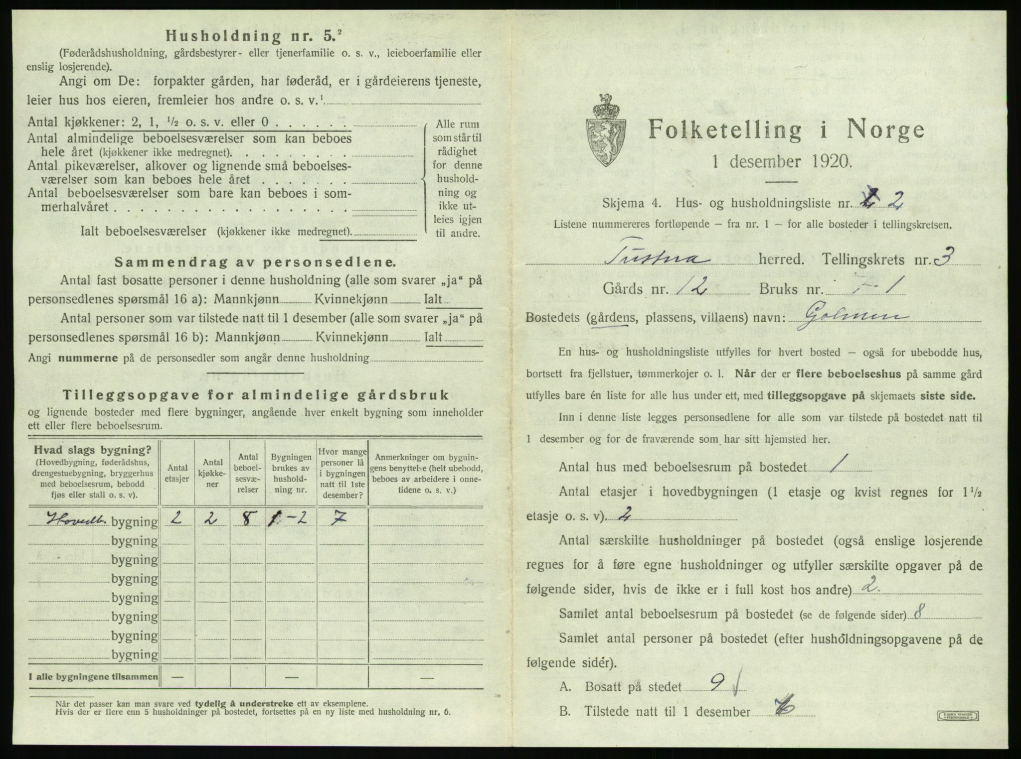 SAT, 1920 census for Tustna, 1920, p. 185