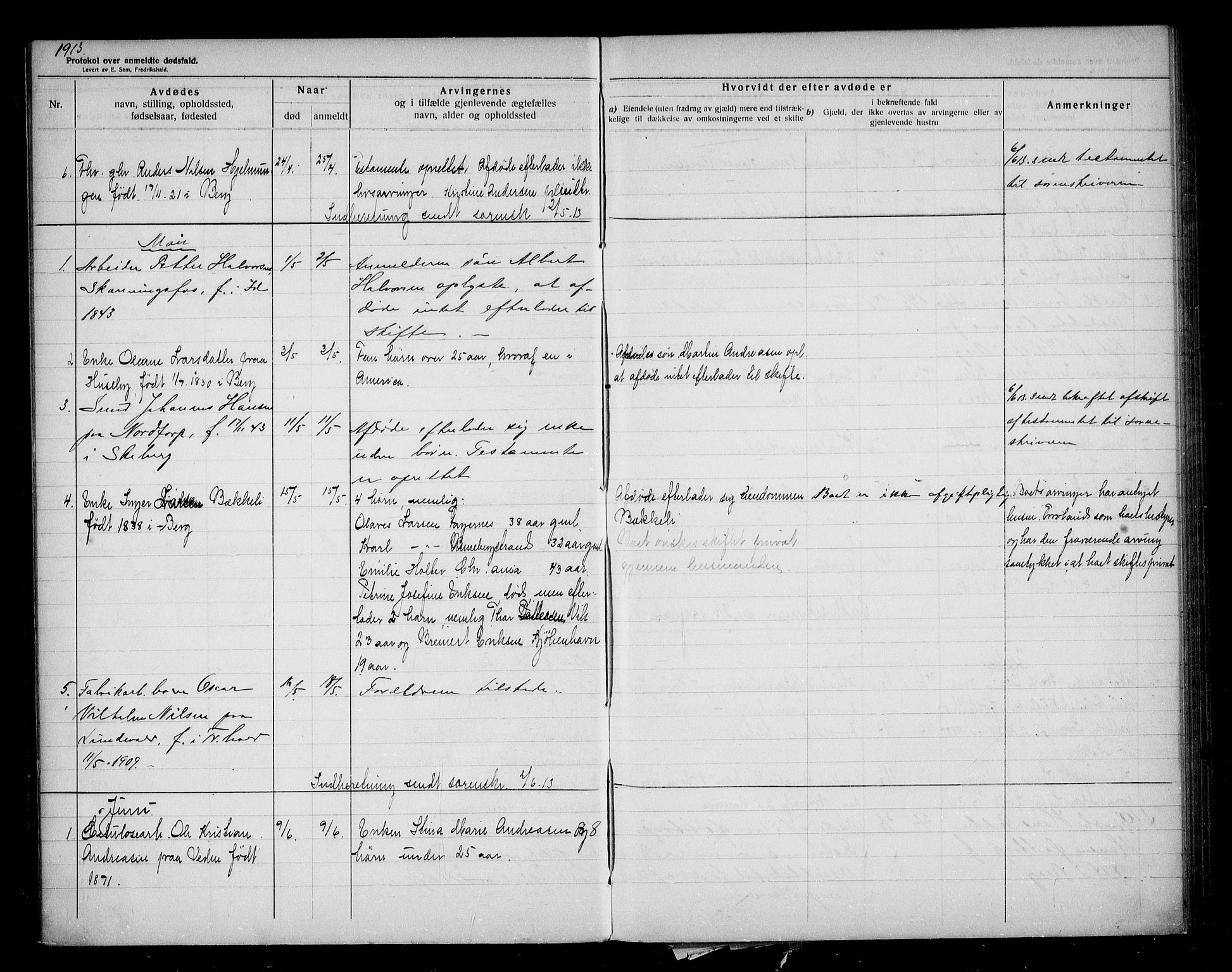 Berg lensmannskontor, SAO/A-10263/H/Ha/Haa/L0002: Dødsfallsprotokoll, 1913-1923