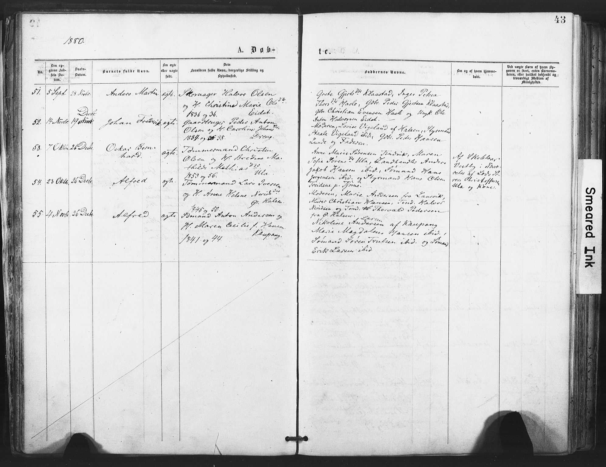 Tjølling kirkebøker, AV/SAKO-A-60/F/Fa/L0008: Parish register (official) no. 8, 1877-1886, p. 43
