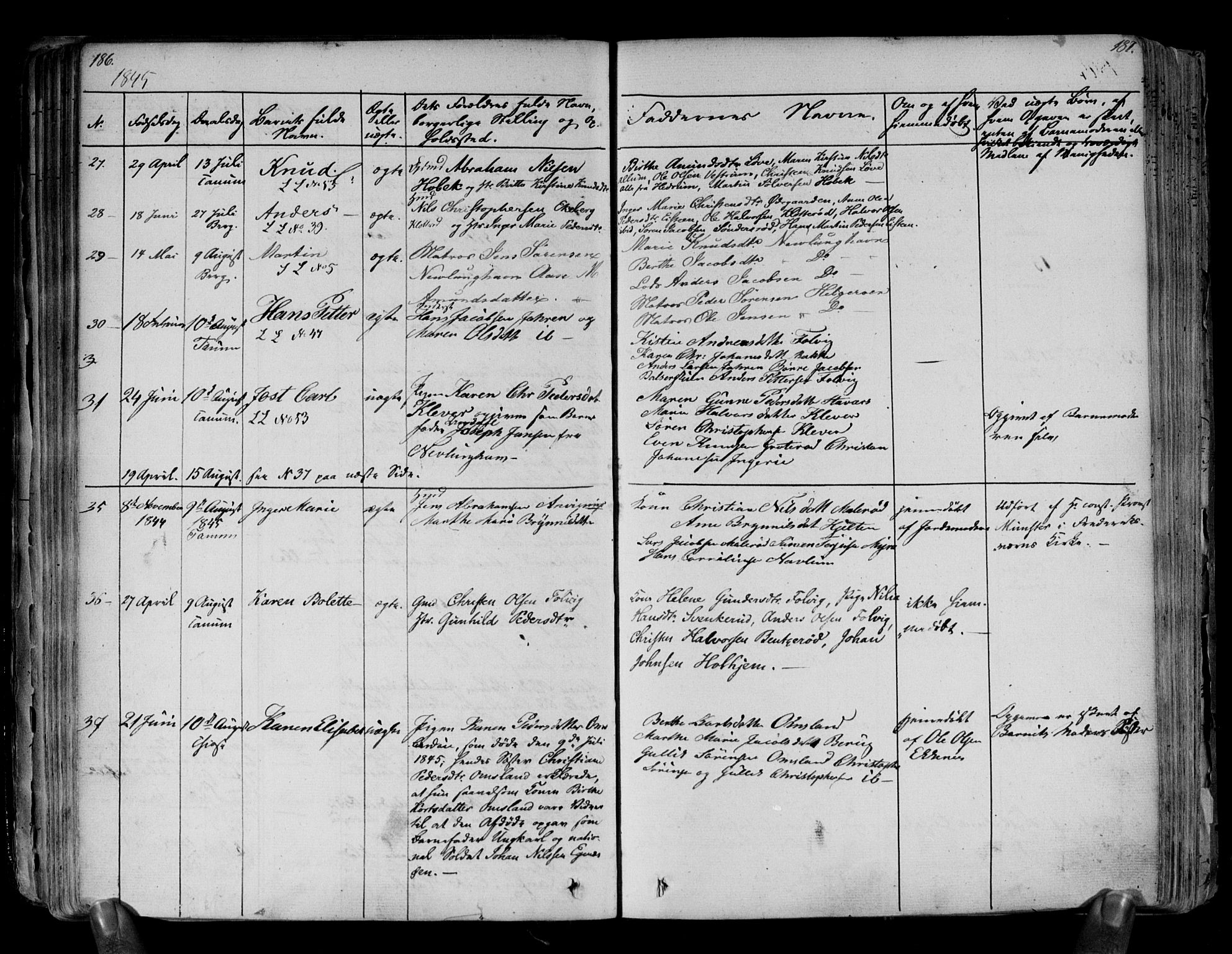 Brunlanes kirkebøker, AV/SAKO-A-342/F/Fa/L0003: Parish register (official) no. I 3, 1834-1845, p. 186-187