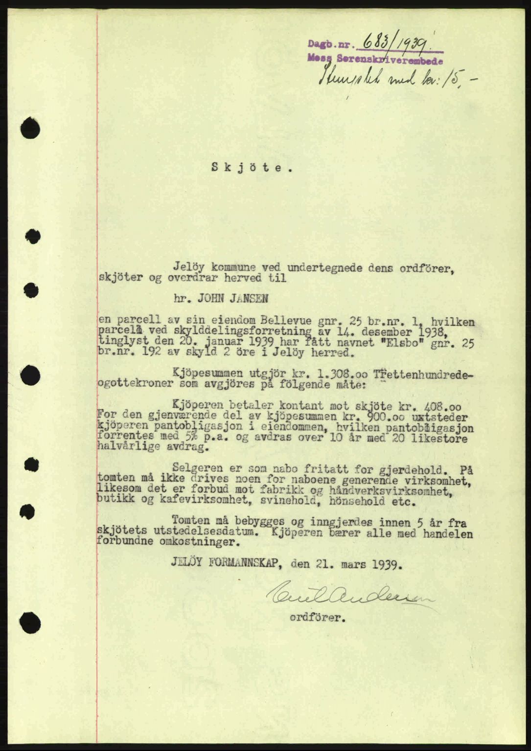 Moss sorenskriveri, SAO/A-10168: Mortgage book no. A5, 1938-1939, Diary no: : 683/1939