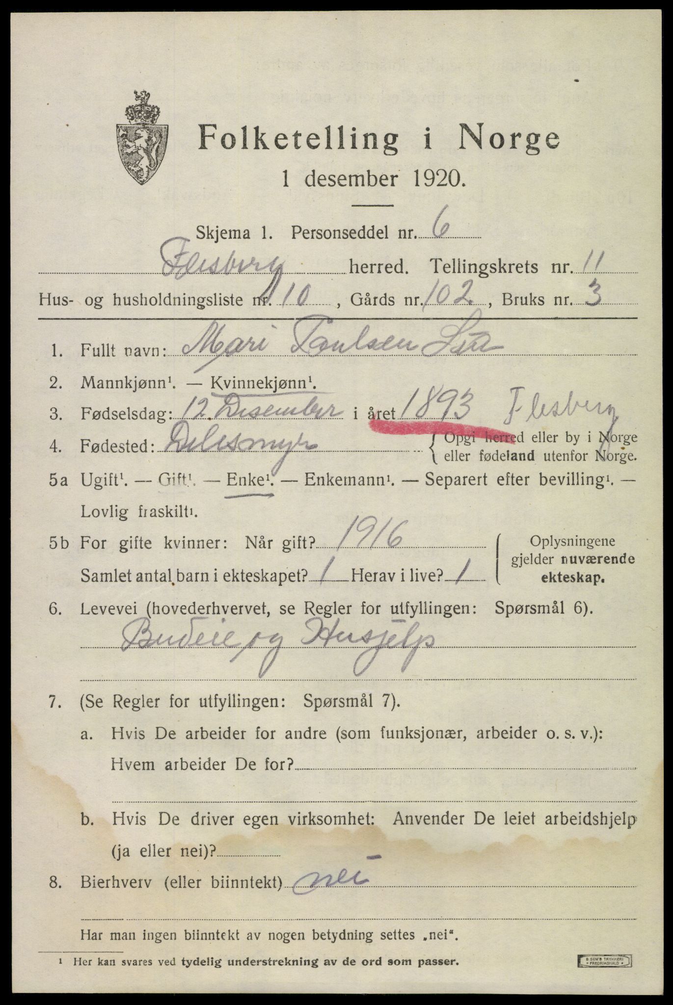 SAKO, 1920 census for Flesberg, 1920, p. 3837