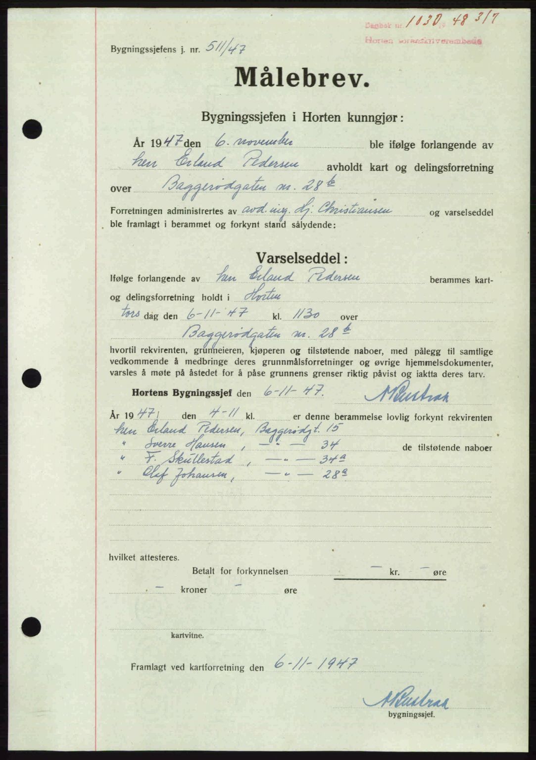 Horten sorenskriveri, AV/SAKO-A-133/G/Ga/Gaa/L0010: Mortgage book no. A-10, 1947-1948, Diary no: : 1030/1948