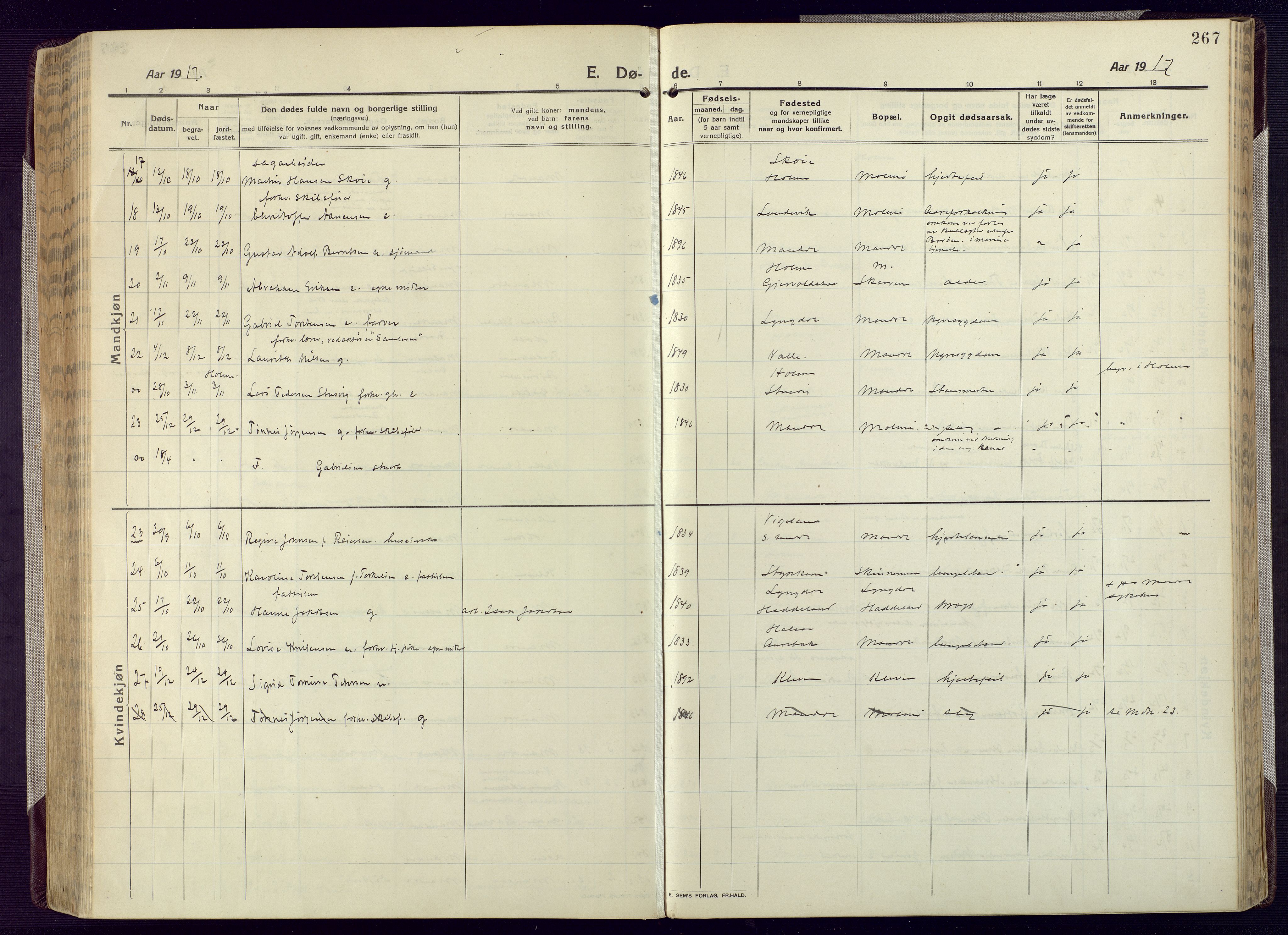 Mandal sokneprestkontor, SAK/1111-0030/F/Fa/Fac/L0001: Parish register (official) no. A 1, 1913-1925, p. 267