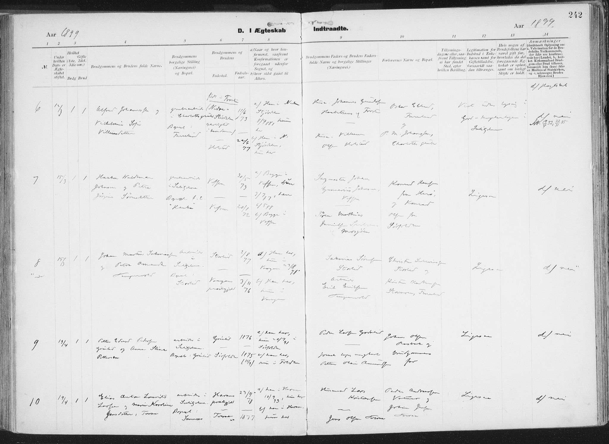 Ministerialprotokoller, klokkerbøker og fødselsregistre - Nordland, AV/SAT-A-1459/849/L0696: Parish register (official) no. 849A08, 1898-1910, p. 242