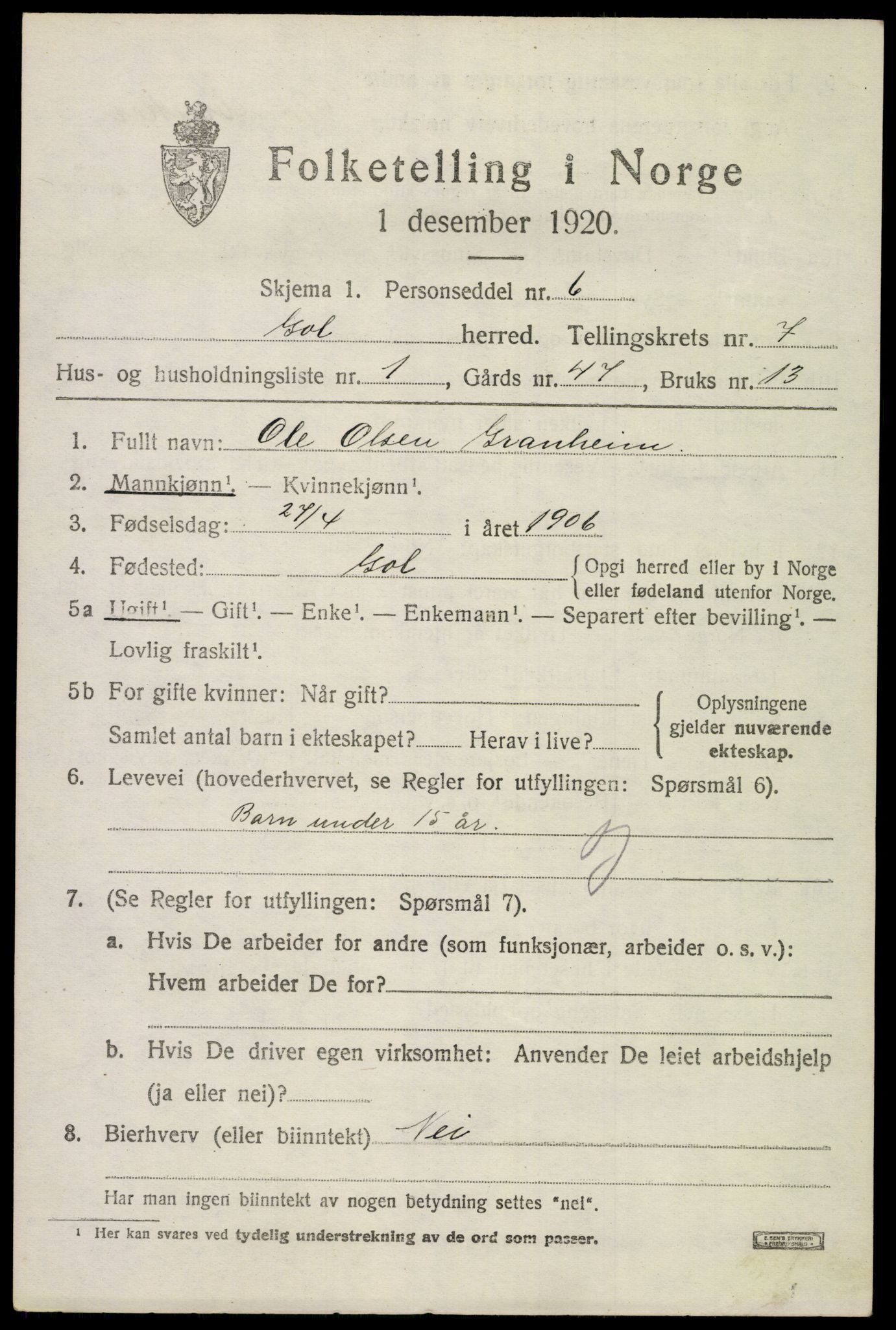 SAKO, 1920 census for Gol, 1920, p. 5460