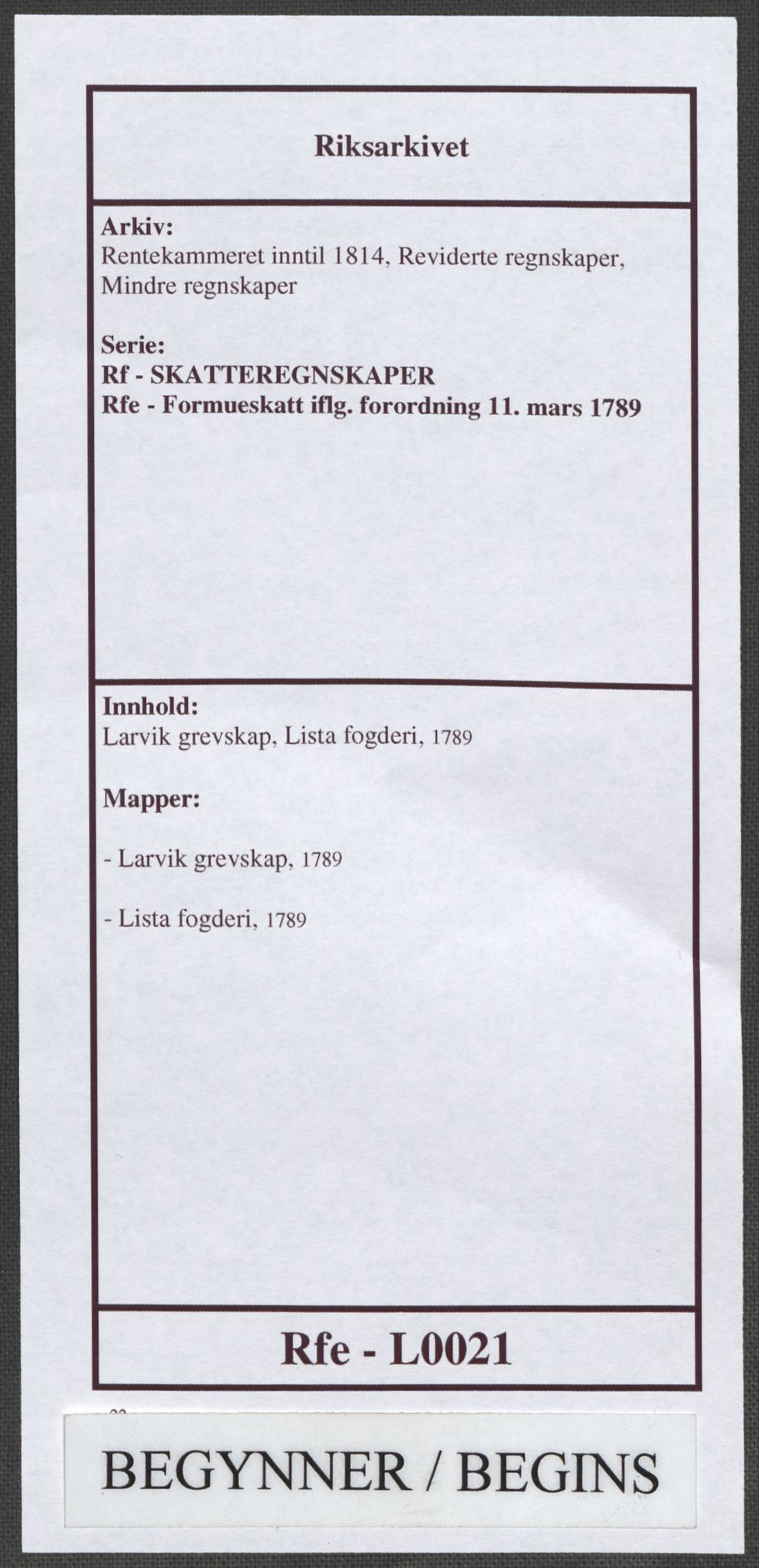 Rentekammeret inntil 1814, Reviderte regnskaper, Mindre regnskaper, RA/EA-4068/Rf/Rfe/L0021: Larvik grevskap, Lista fogderi, 1789, p. 1