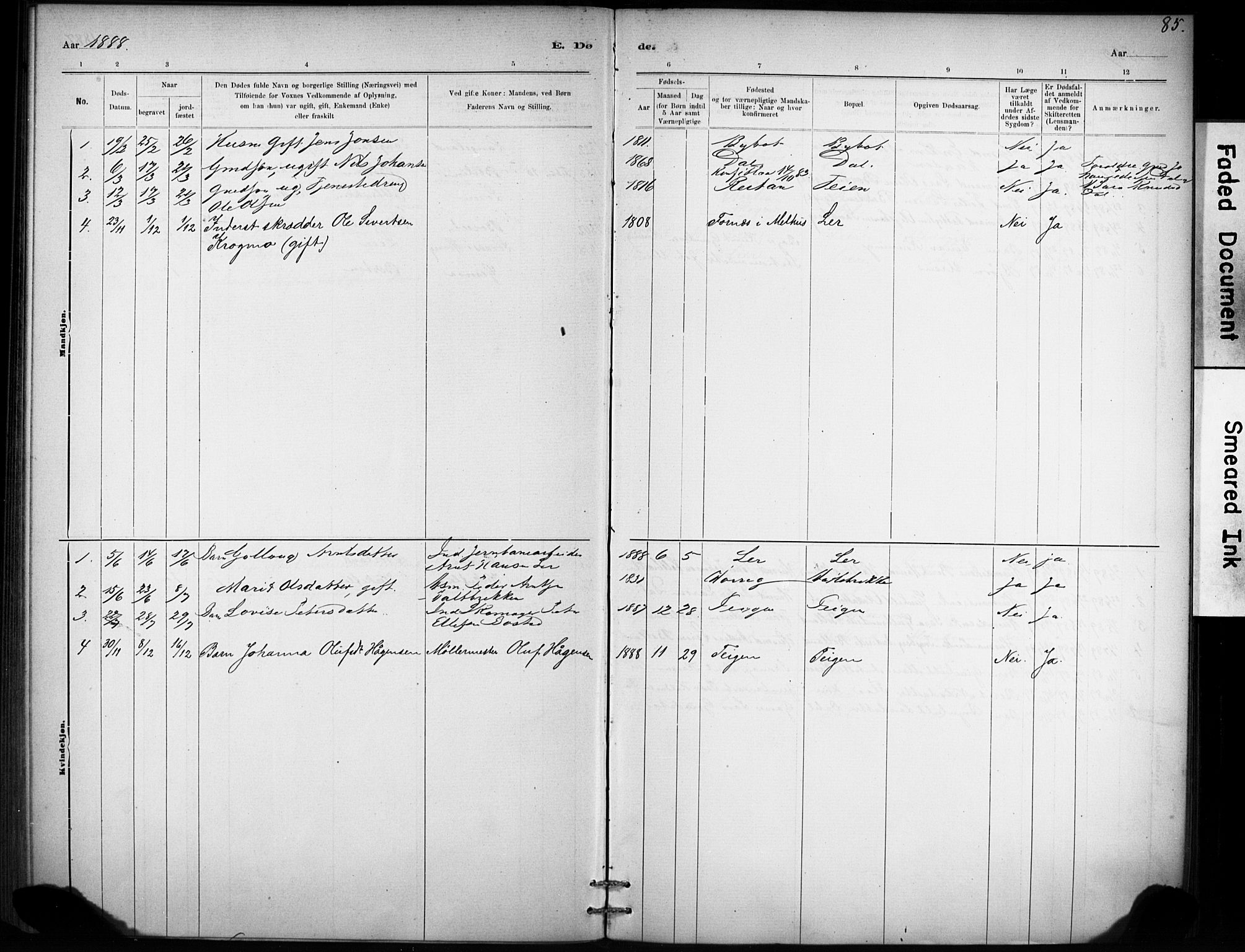 Ministerialprotokoller, klokkerbøker og fødselsregistre - Sør-Trøndelag, SAT/A-1456/693/L1119: Parish register (official) no. 693A01, 1887-1905, p. 85