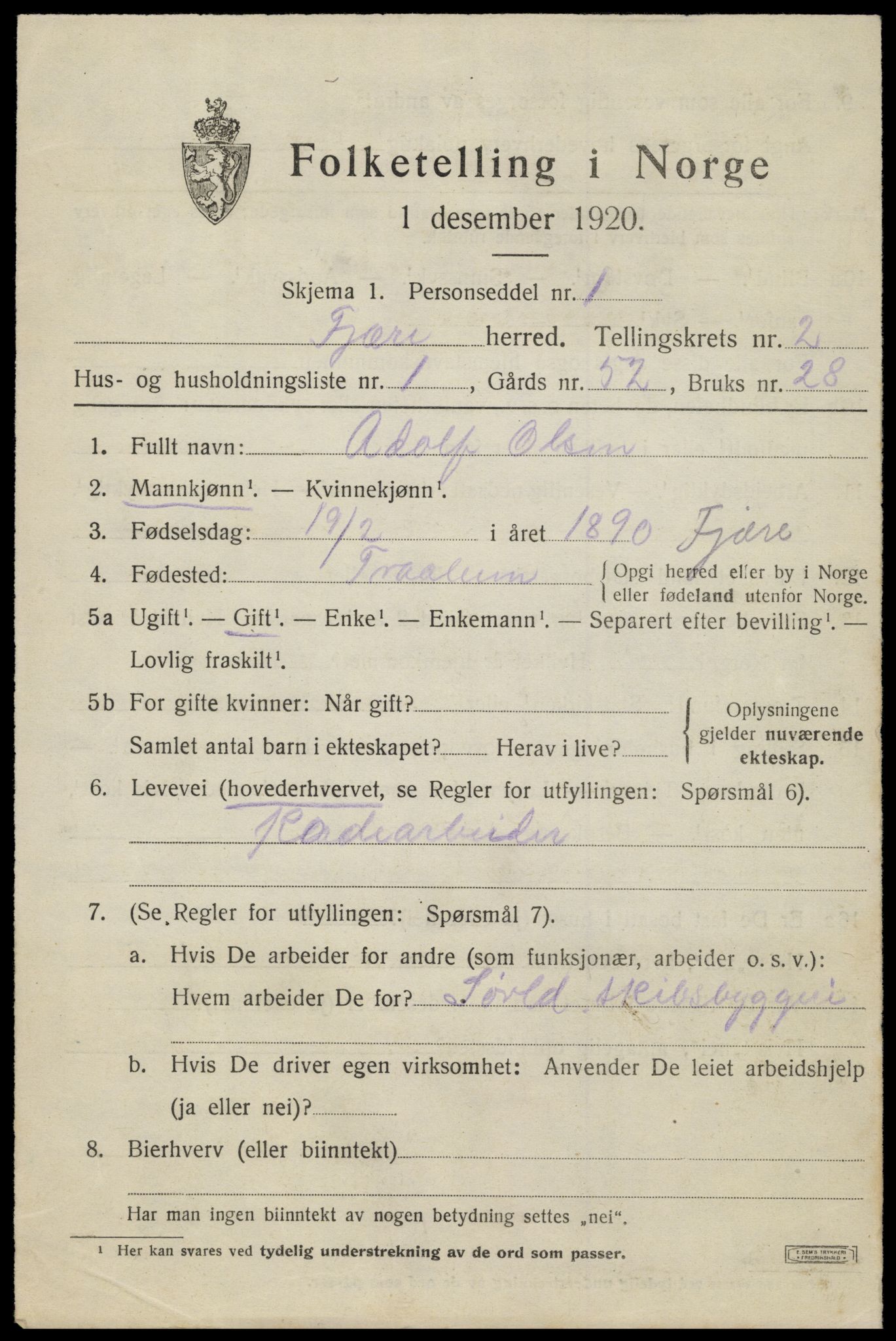 SAK, 1920 census for Fjære, 1920, p. 3255