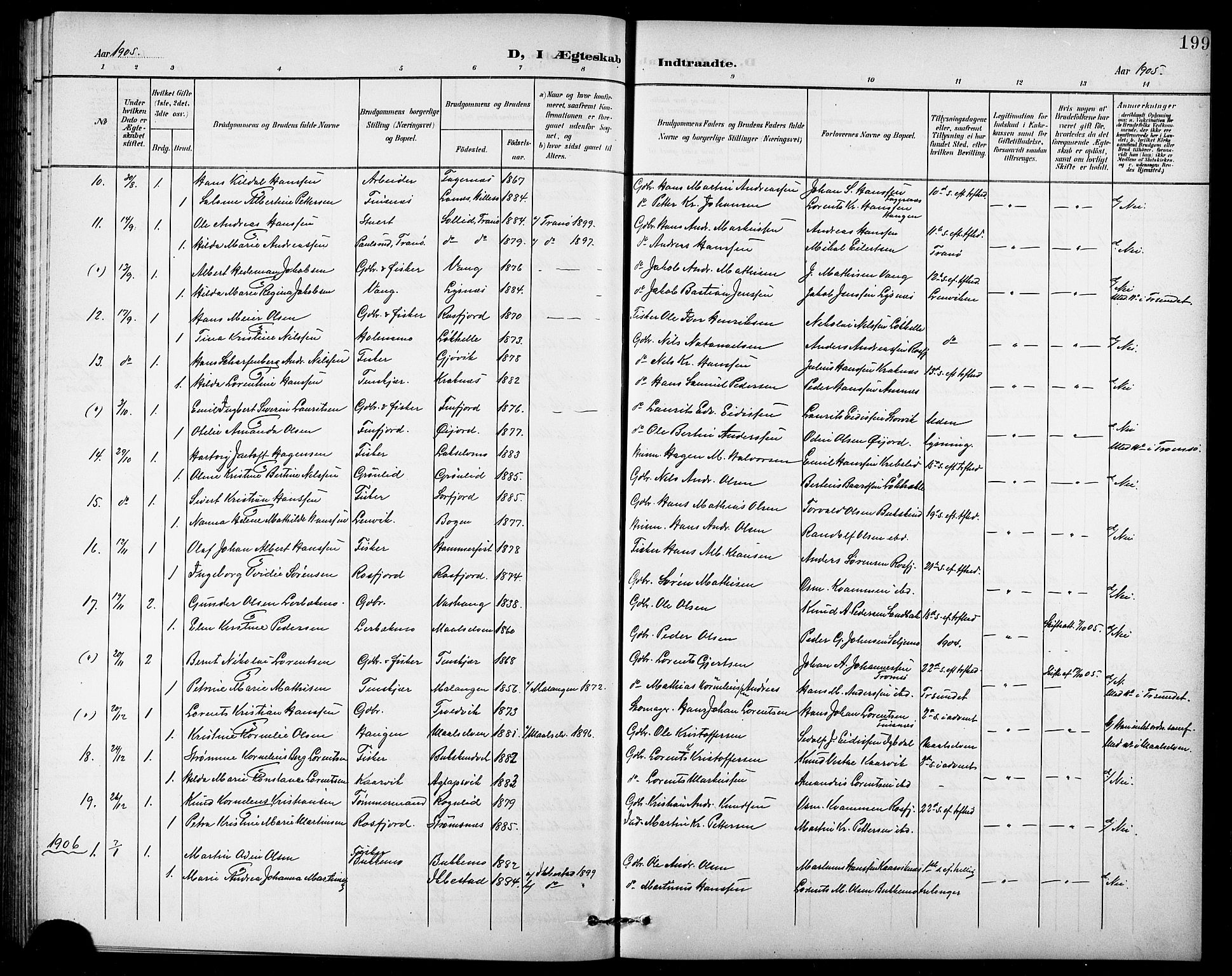 Lenvik sokneprestembete, SATØ/S-1310/H/Ha/Hab/L0008klokker: Parish register (copy) no. 8, 1899-1911, p. 199