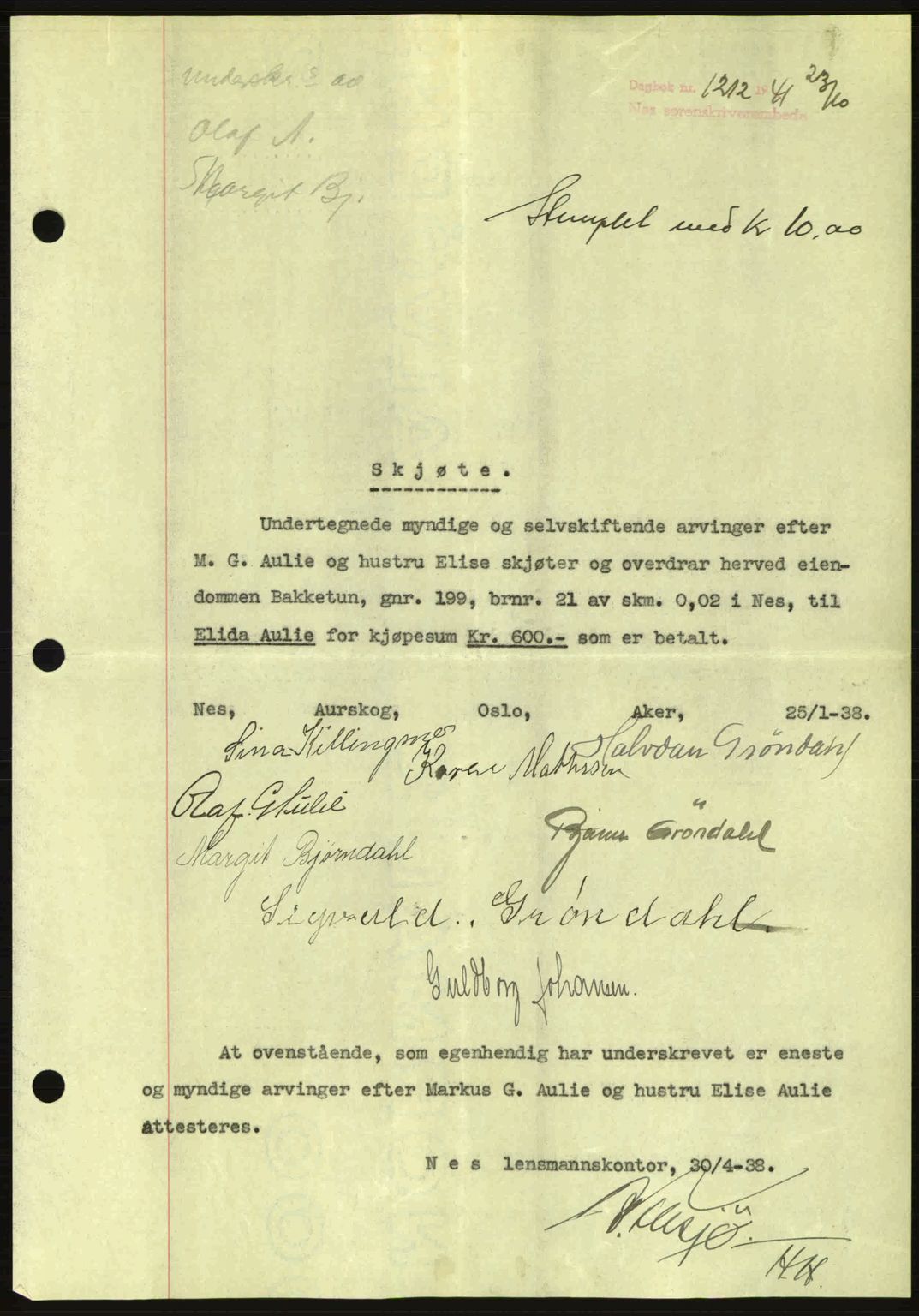 Nes tingrett, AV/SAO-A-10548/G/Gb/Gbb/L0012: Mortgage book no. 56, 1941-1942, Diary no: : 1212/1941