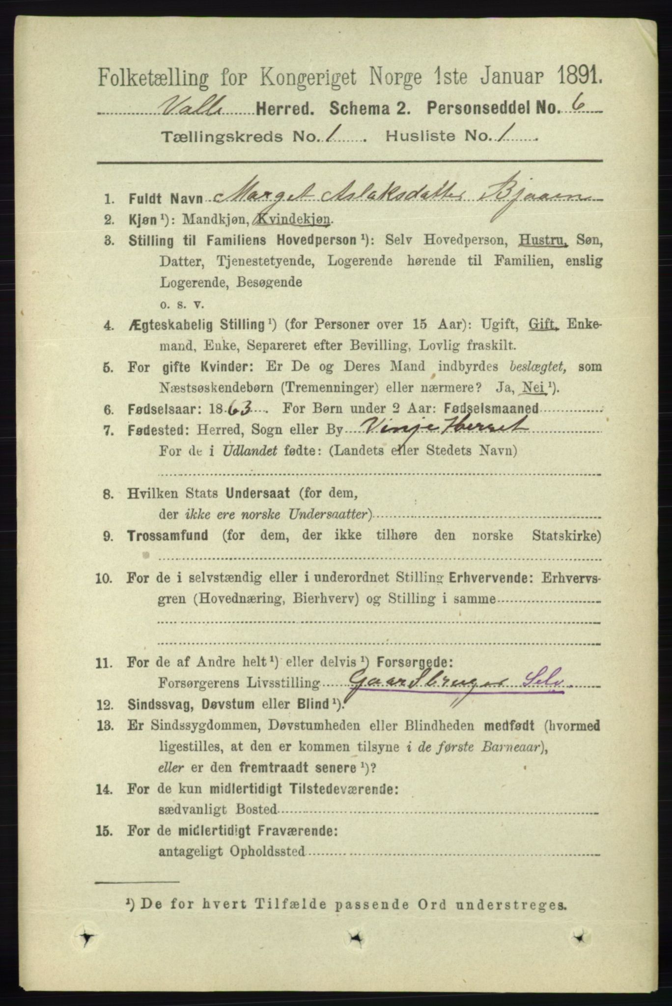 RA, 1891 census for 0940 Valle, 1891, p. 70