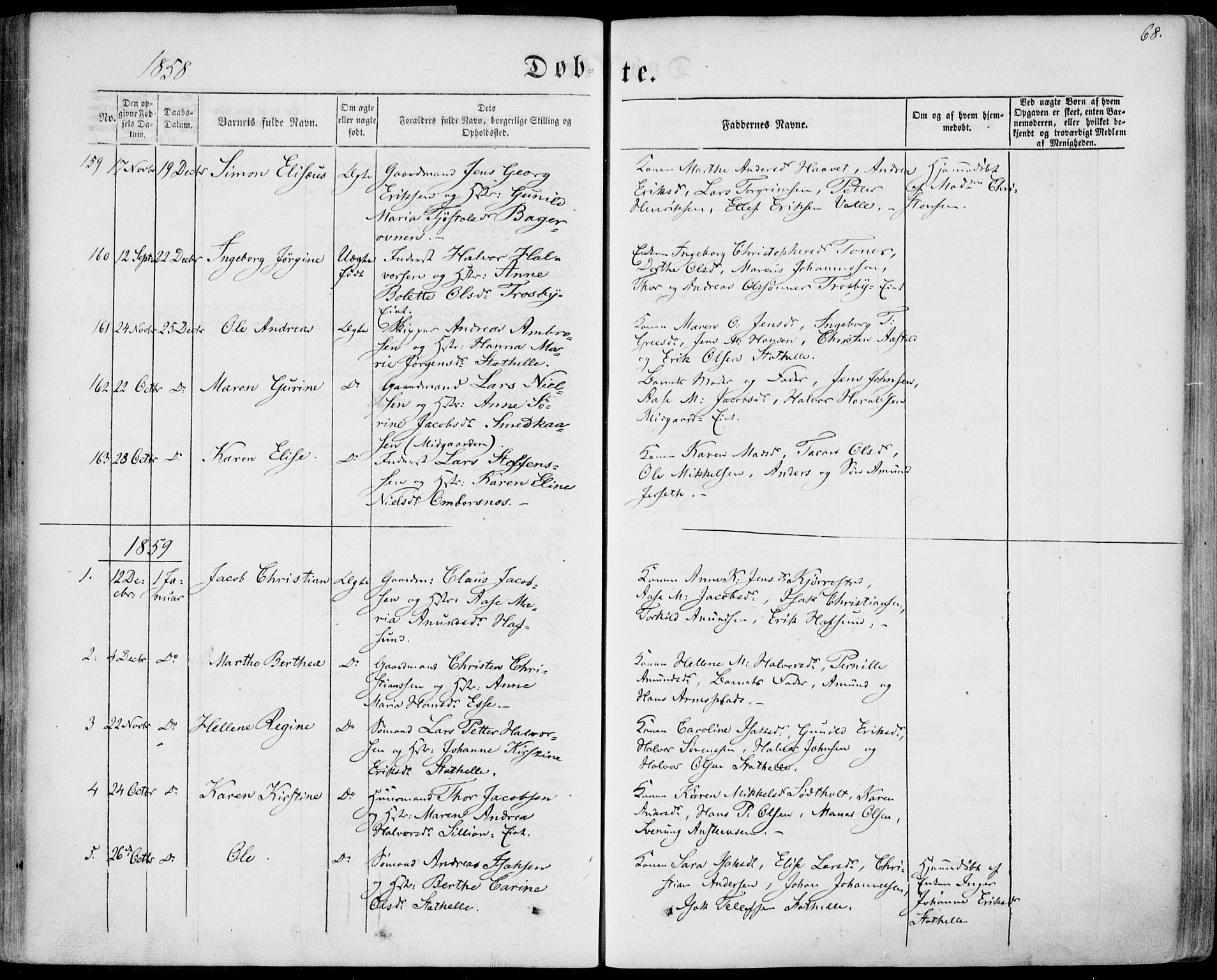Bamble kirkebøker, SAKO/A-253/F/Fa/L0005: Parish register (official) no. I 5, 1854-1869, p. 68