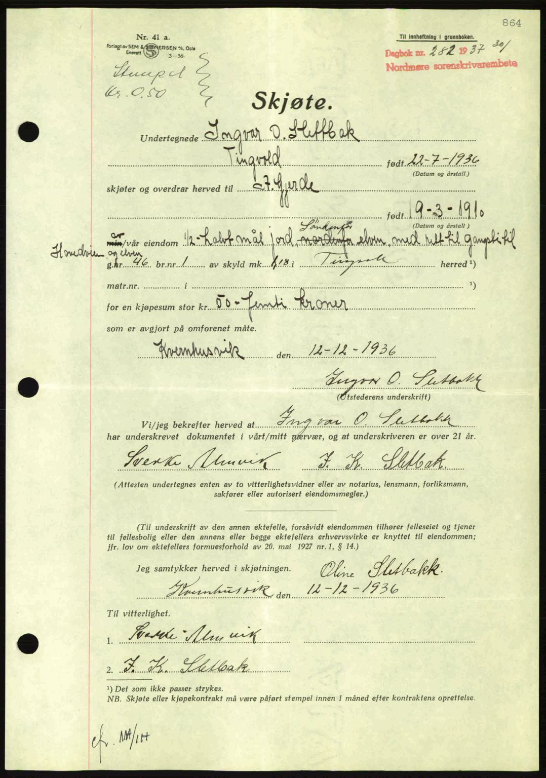 Nordmøre sorenskriveri, AV/SAT-A-4132/1/2/2Ca: Mortgage book no. A80, 1936-1937, Diary no: : 282/1937