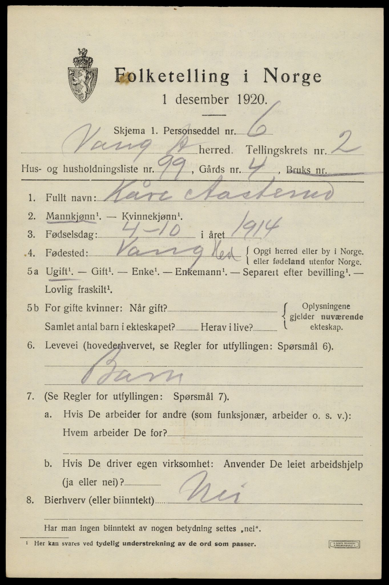 SAH, 1920 census for Vang (Hedmark), 1920, p. 7787