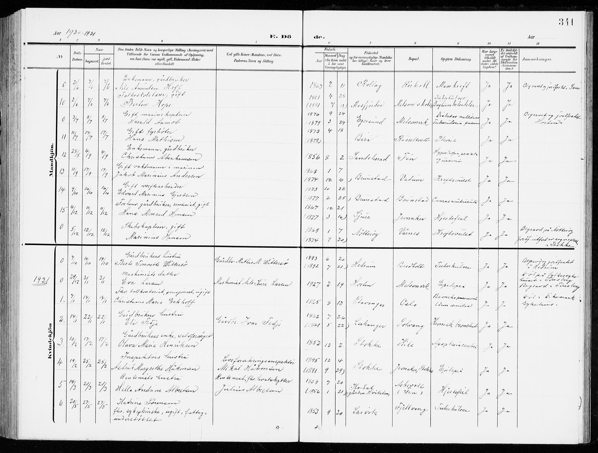 Stokke kirkebøker, SAKO/A-320/G/Ga/L0001: Parish register (copy) no. I 1, 1904-1940, p. 341