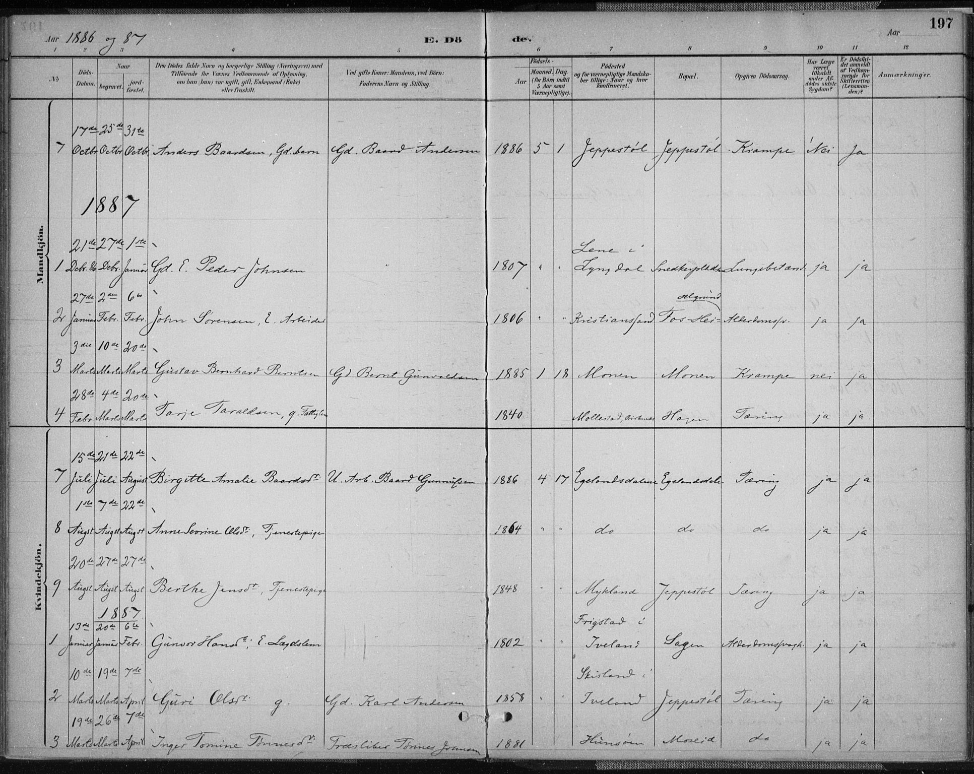 Vennesla sokneprestkontor, AV/SAK-1111-0045/Fa/Fab/L0004: Parish register (official) no. A 4, 1884-1896, p. 197