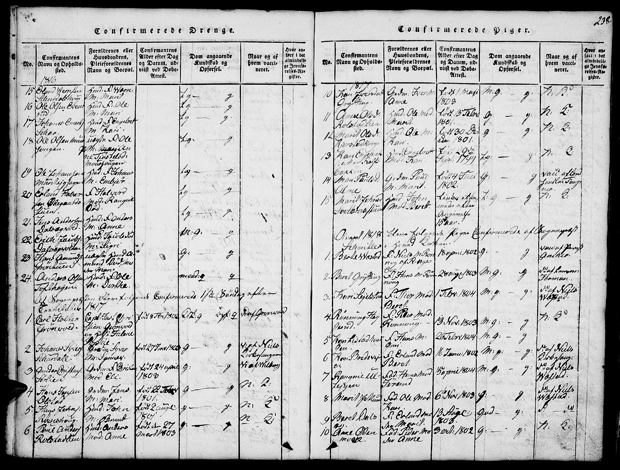 Fron prestekontor, SAH/PREST-078/H/Ha/Hab/L0001: Parish register (copy) no. 1, 1816-1843, p. 238