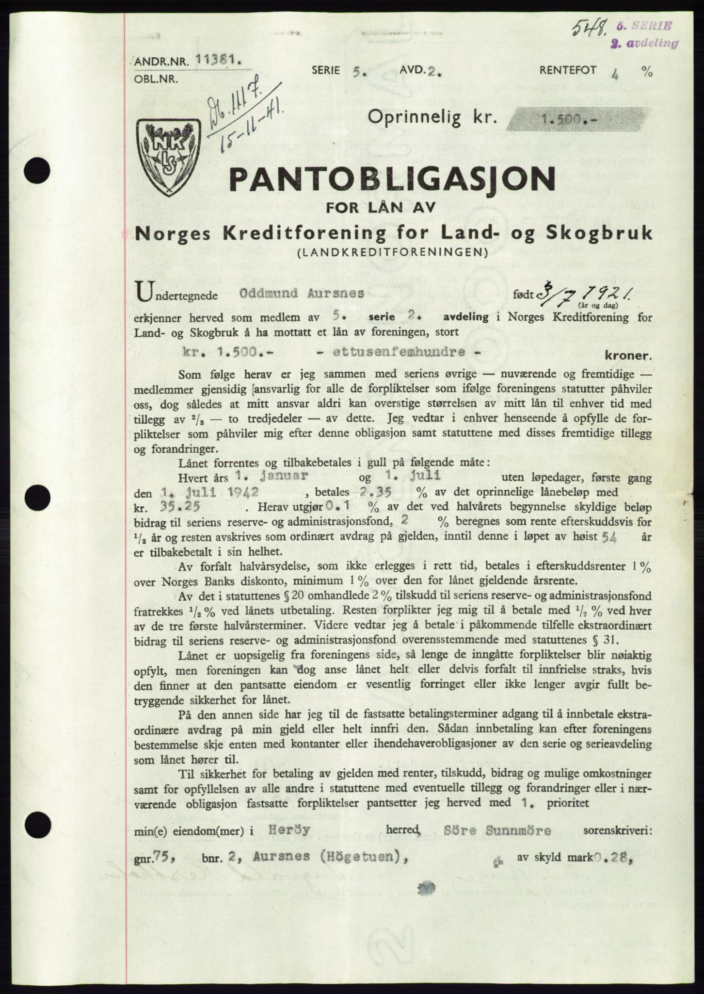 Søre Sunnmøre sorenskriveri, AV/SAT-A-4122/1/2/2C/L0071: Mortgage book no. 65, 1941-1941, Diary no: : 1117/1941