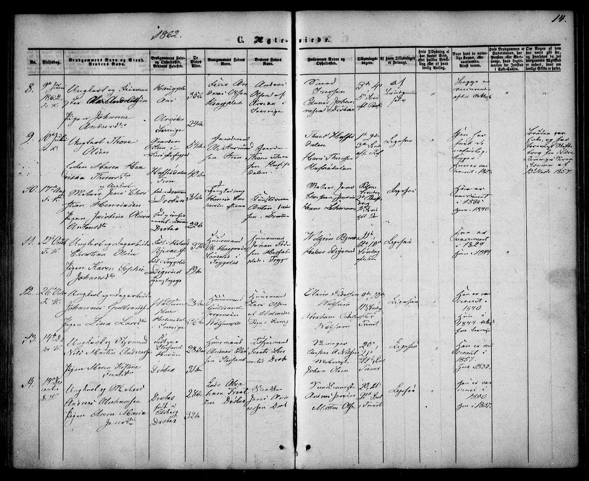 Drøbak prestekontor Kirkebøker, AV/SAO-A-10142a/F/Fa/L0002: Parish register (official) no. I 2, 1858-1870, p. 14