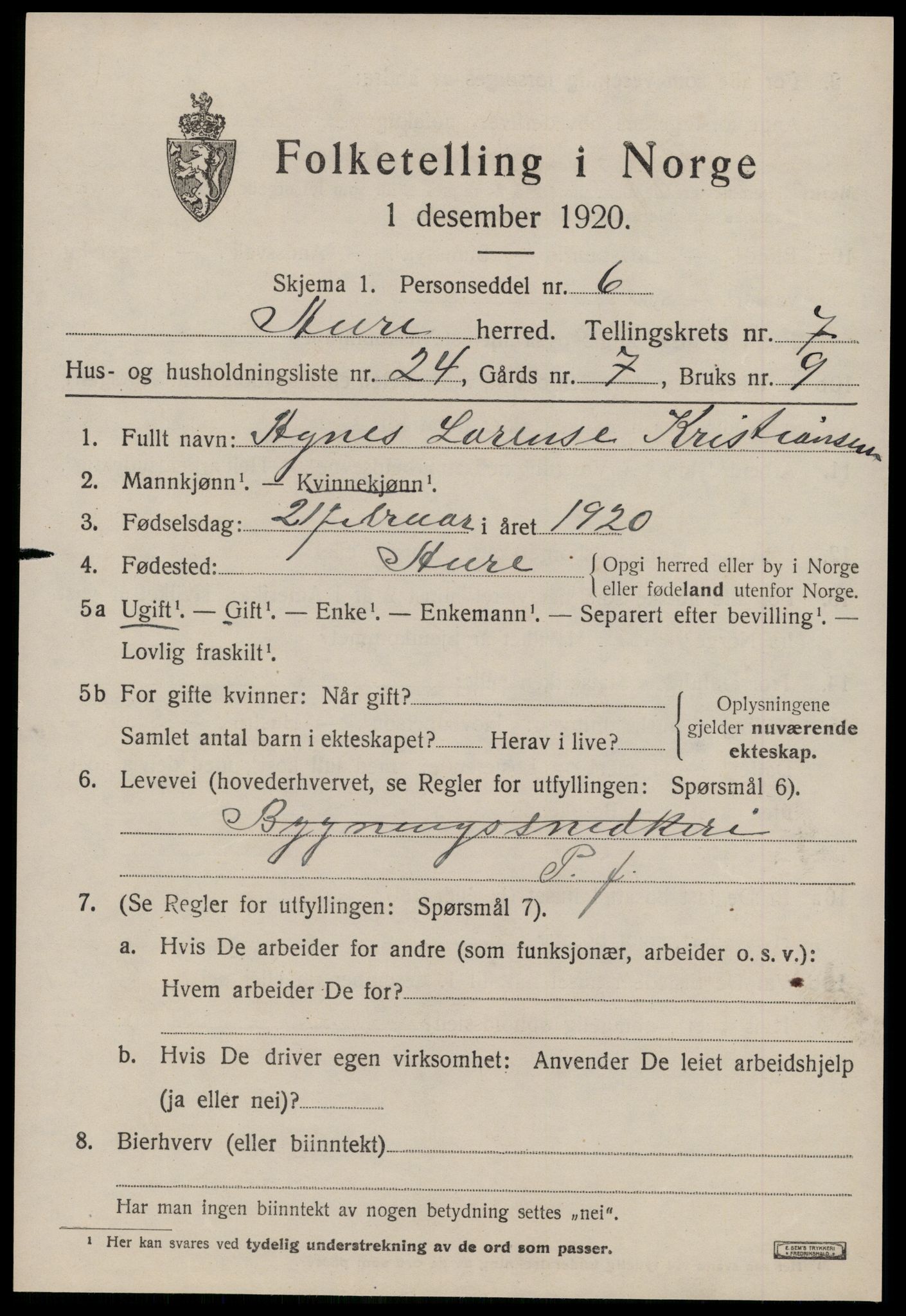 SAT, 1920 census for Aure, 1920, p. 3124