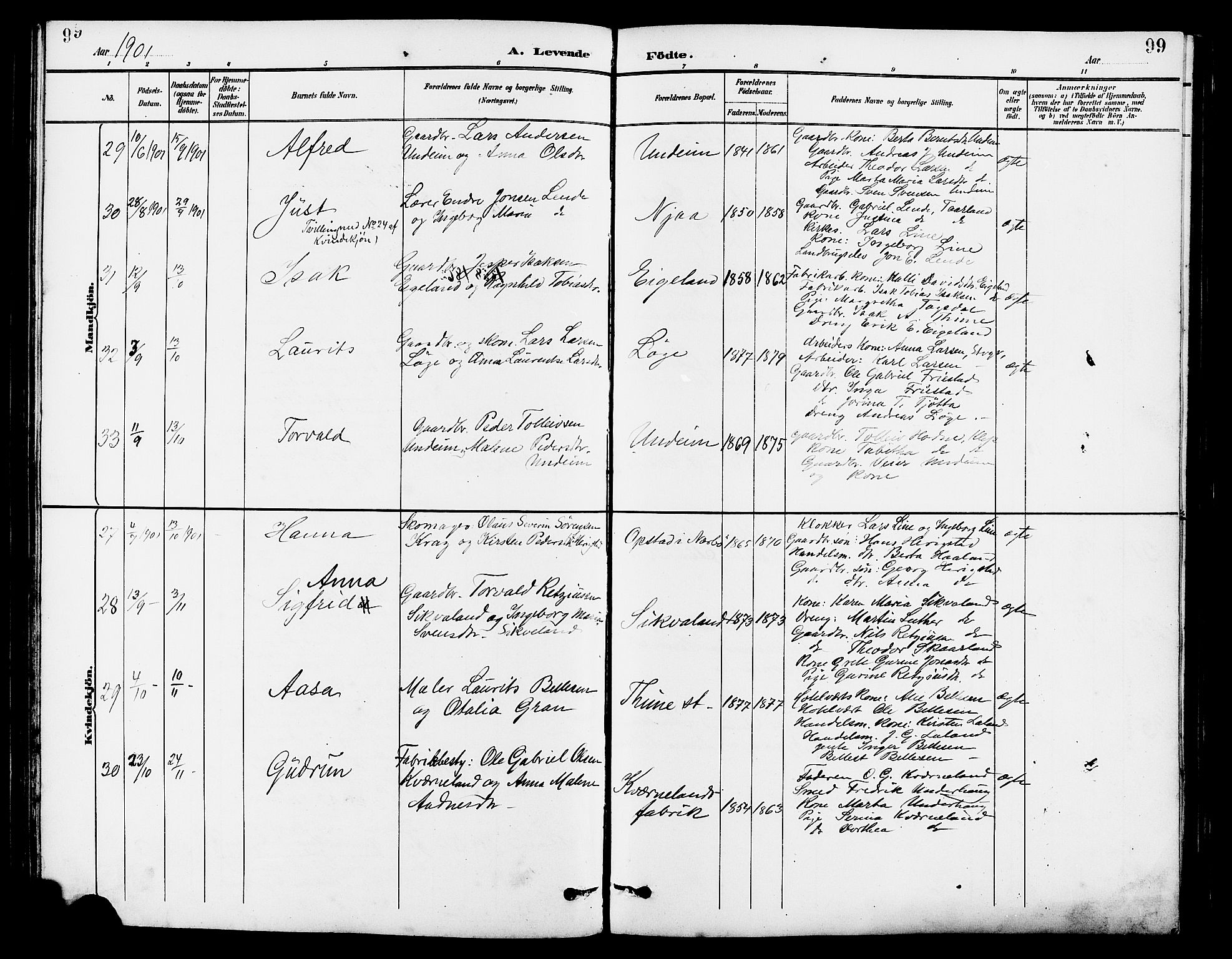 Lye sokneprestkontor, AV/SAST-A-101794/001/30BB/L0007: Parish register (copy) no. B 8, 1889-1909, p. 99