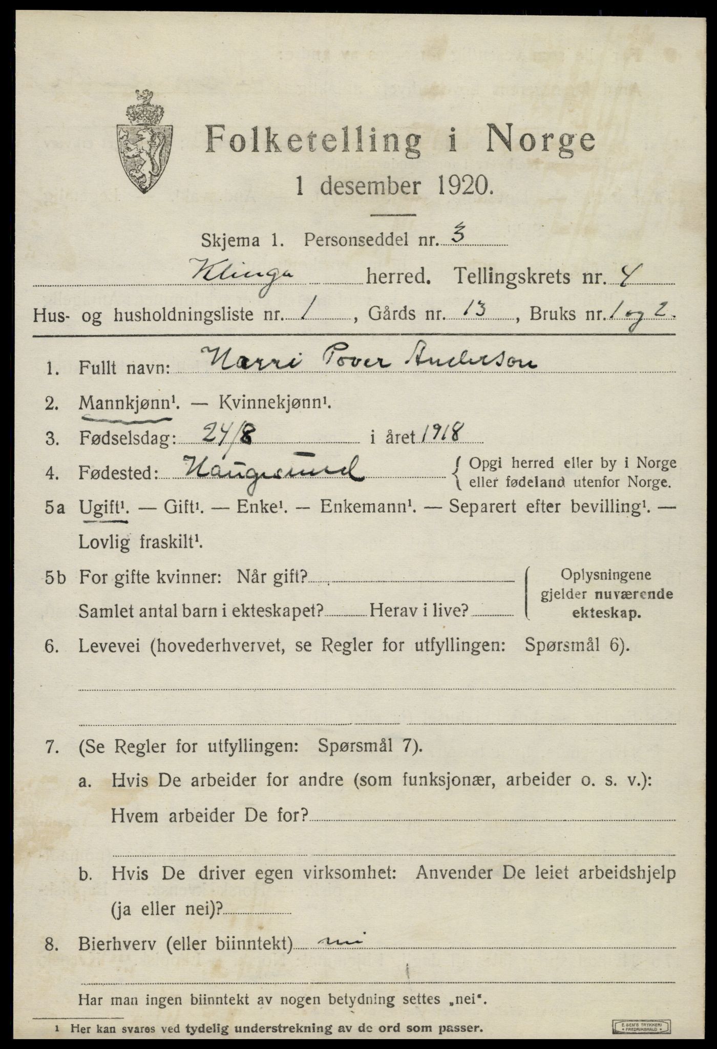 SAT, 1920 census for Klinga, 1920, p. 2409