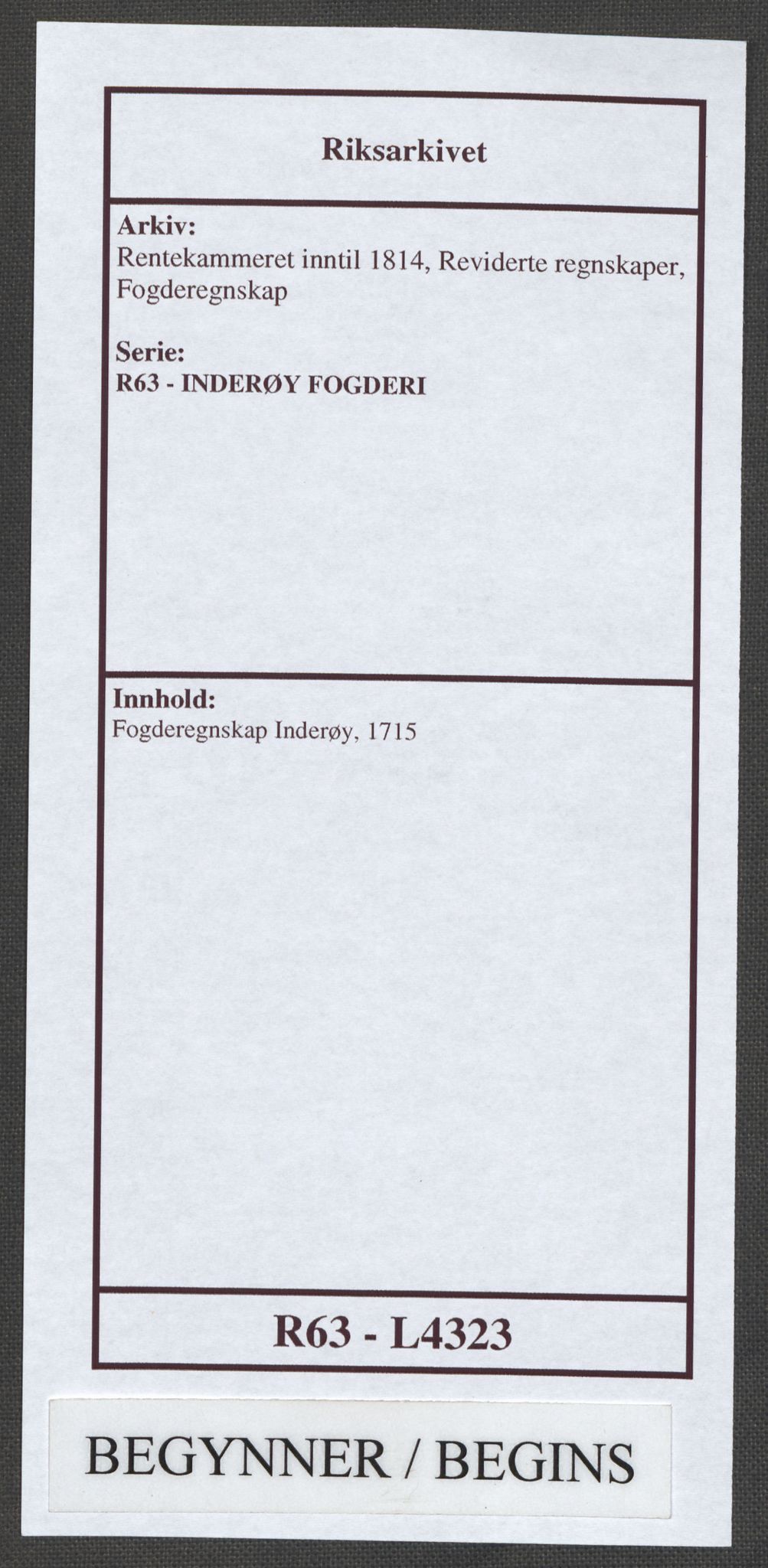 Rentekammeret inntil 1814, Reviderte regnskaper, Fogderegnskap, RA/EA-4092/R63/L4323: Fogderegnskap Inderøy, 1715, p. 1