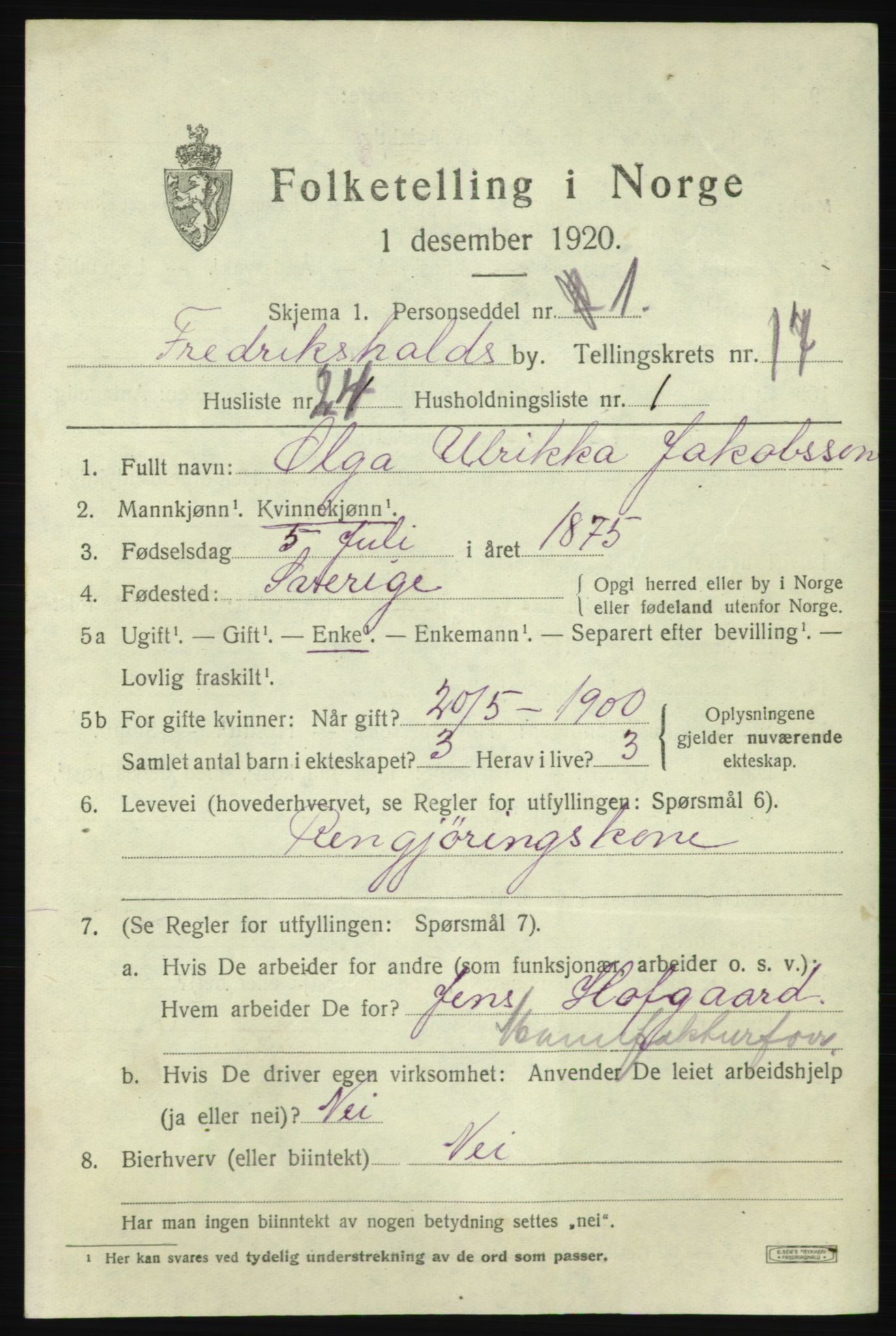 SAO, 1920 census for Fredrikshald, 1920, p. 26436