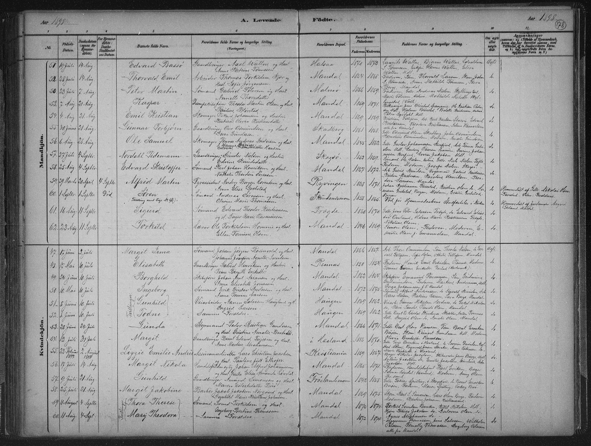 Mandal sokneprestkontor, AV/SAK-1111-0030/F/Fb/Fba/L0011: Parish register (copy) no. B 5, 1880-1898, p. 178