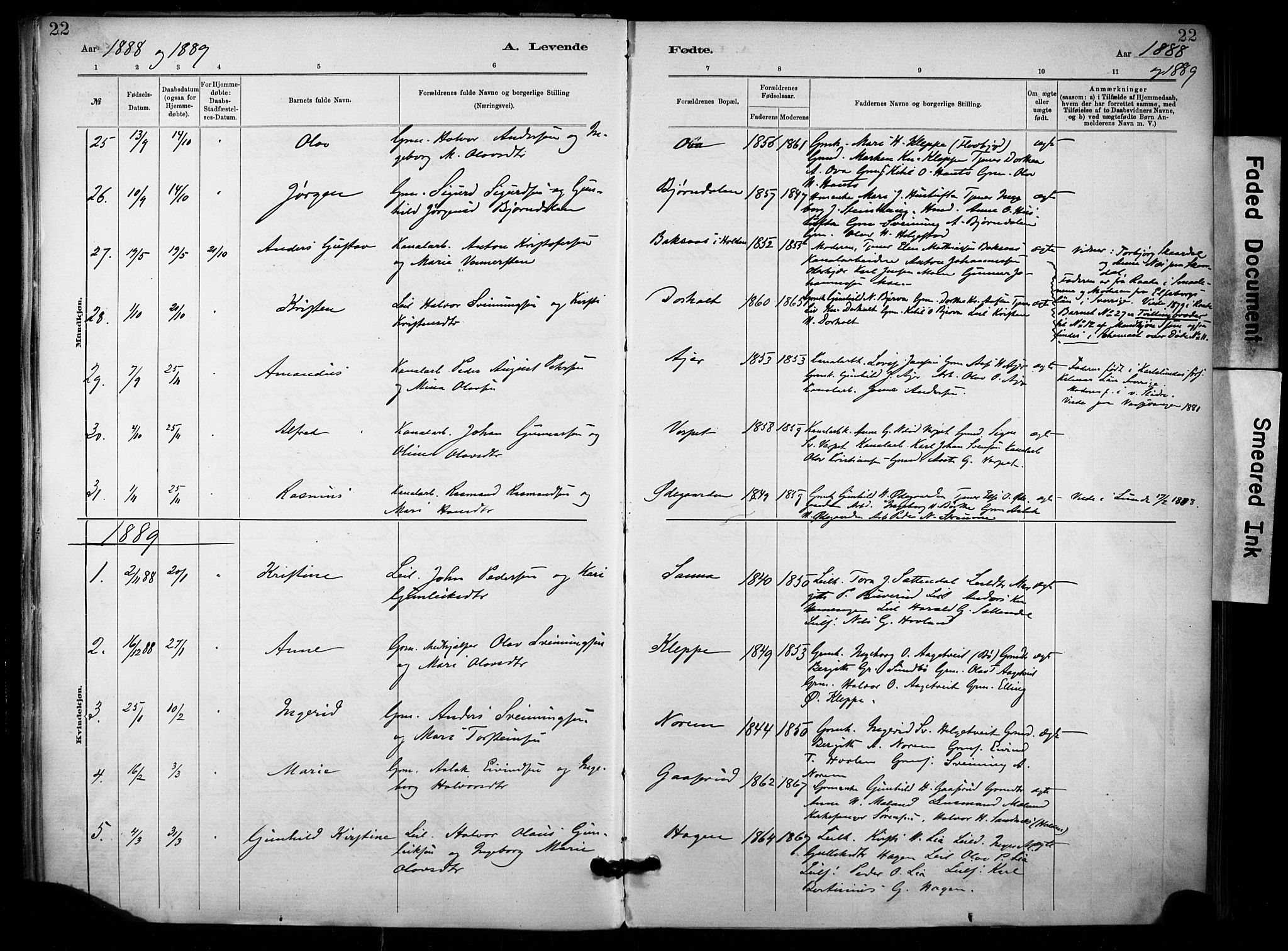 Lunde kirkebøker, AV/SAKO-A-282/F/Fa/L0002: Parish register (official) no. I 2, 1884-1892, p. 22