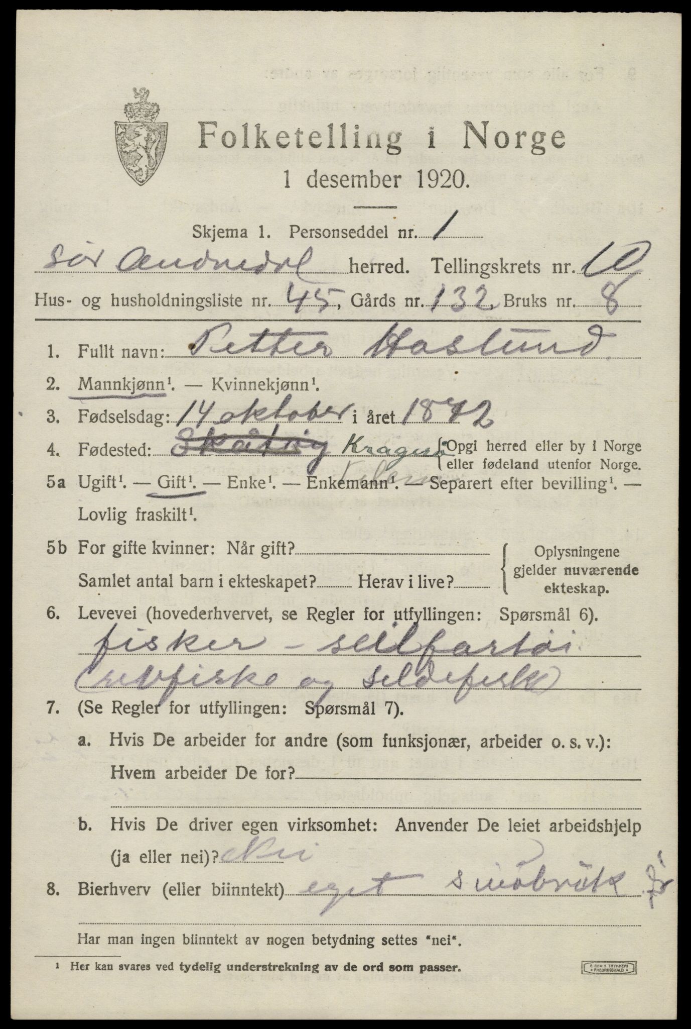 SAK, 1920 census for Sør-Audnedal, 1920, p. 4213