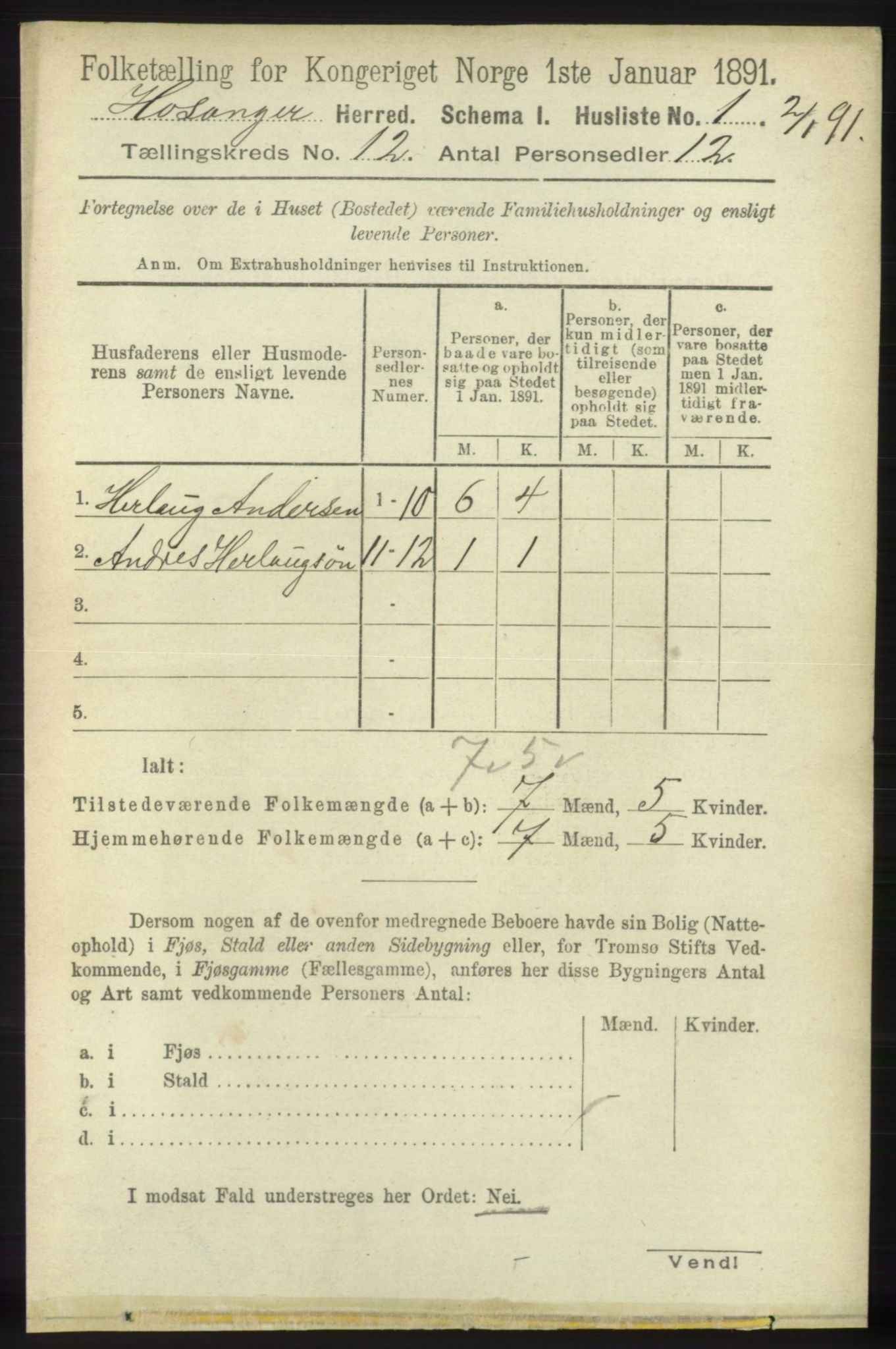 RA, 1891 census for 1253 Hosanger, 1891, p. 3961