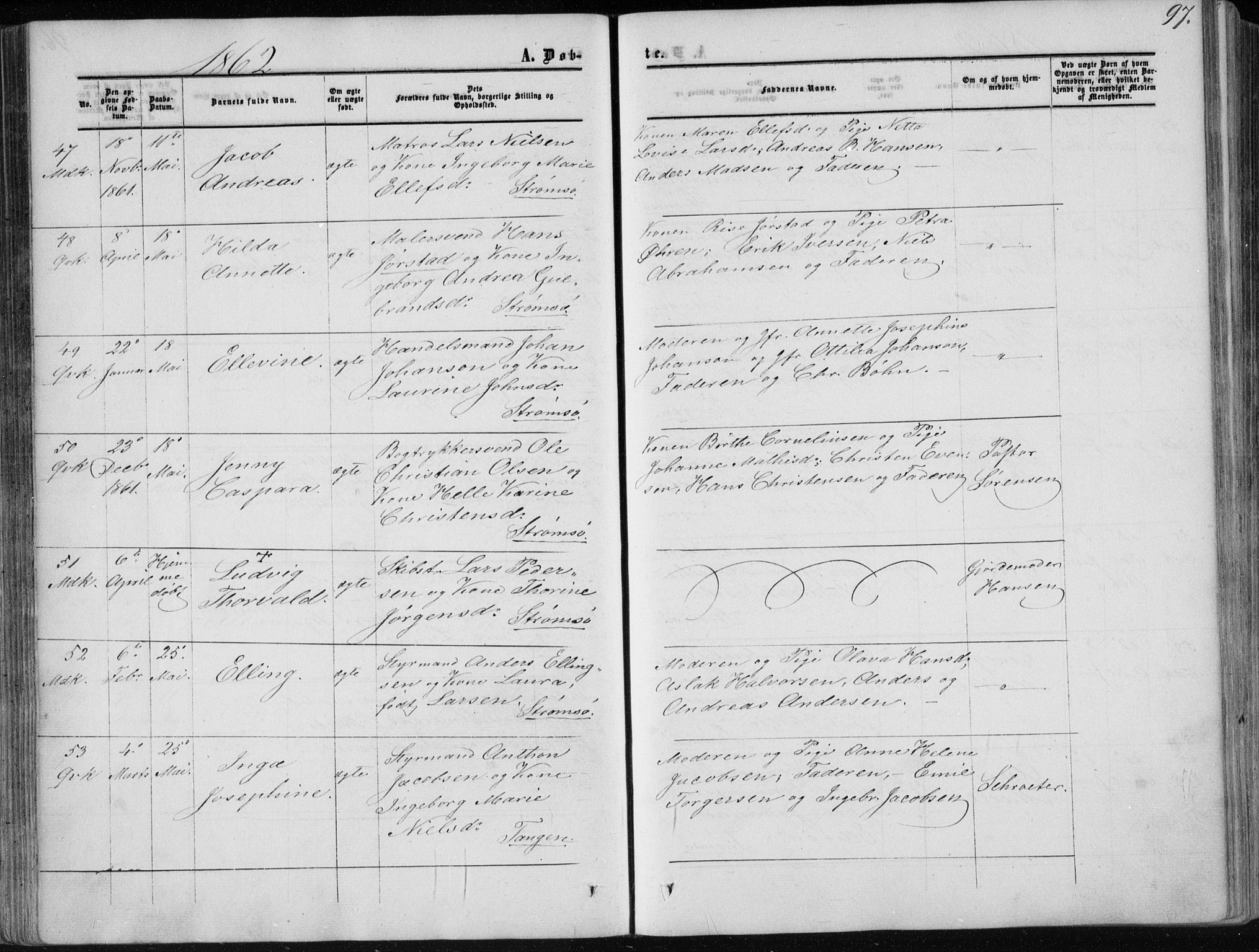 Strømsø kirkebøker, AV/SAKO-A-246/F/Fa/L0015: Parish register (official) no. I 15, 1859-1868, p. 97