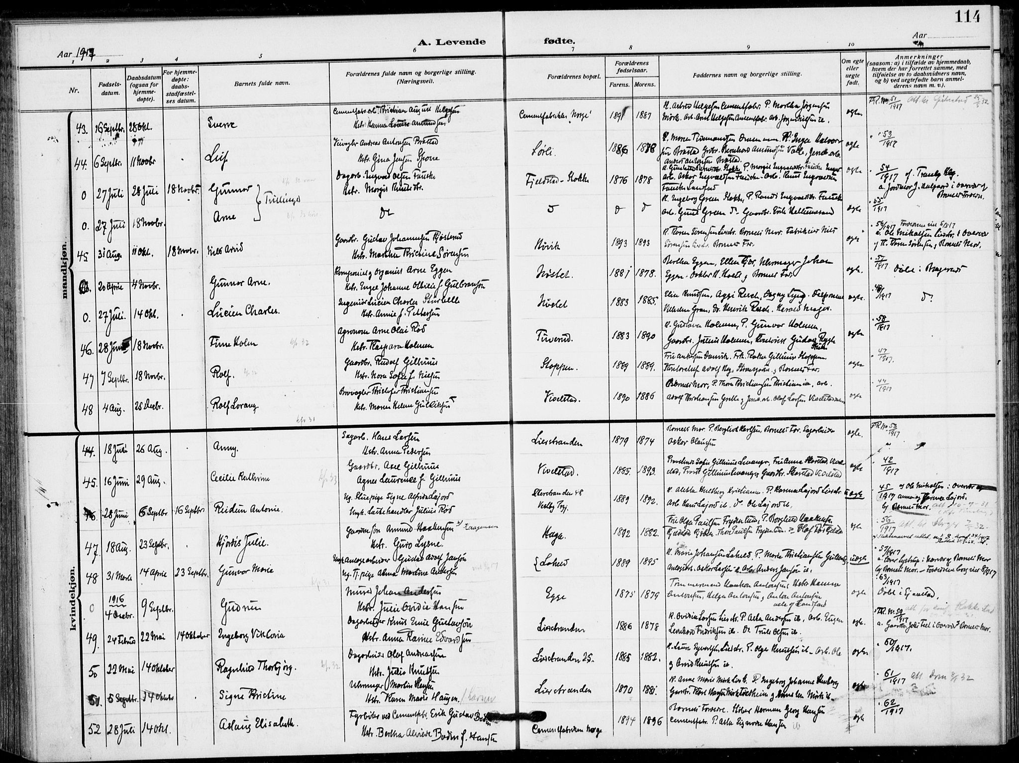 Lier kirkebøker, SAKO/A-230/F/Fa/L0018: Parish register (official) no. I 18, 1909-1917, p. 114