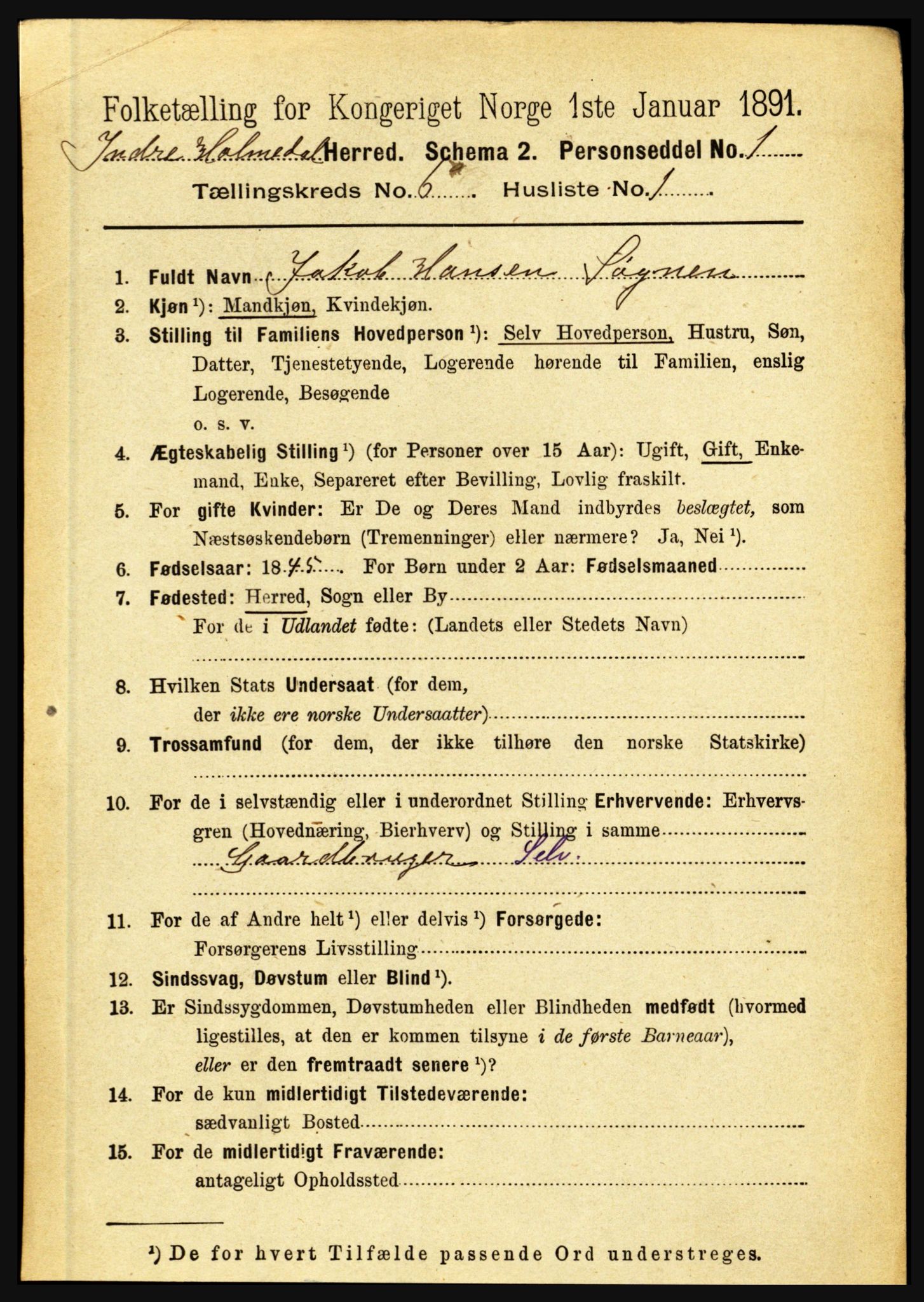 RA, 1891 census for 1430 Indre Holmedal, 1891, p. 2458