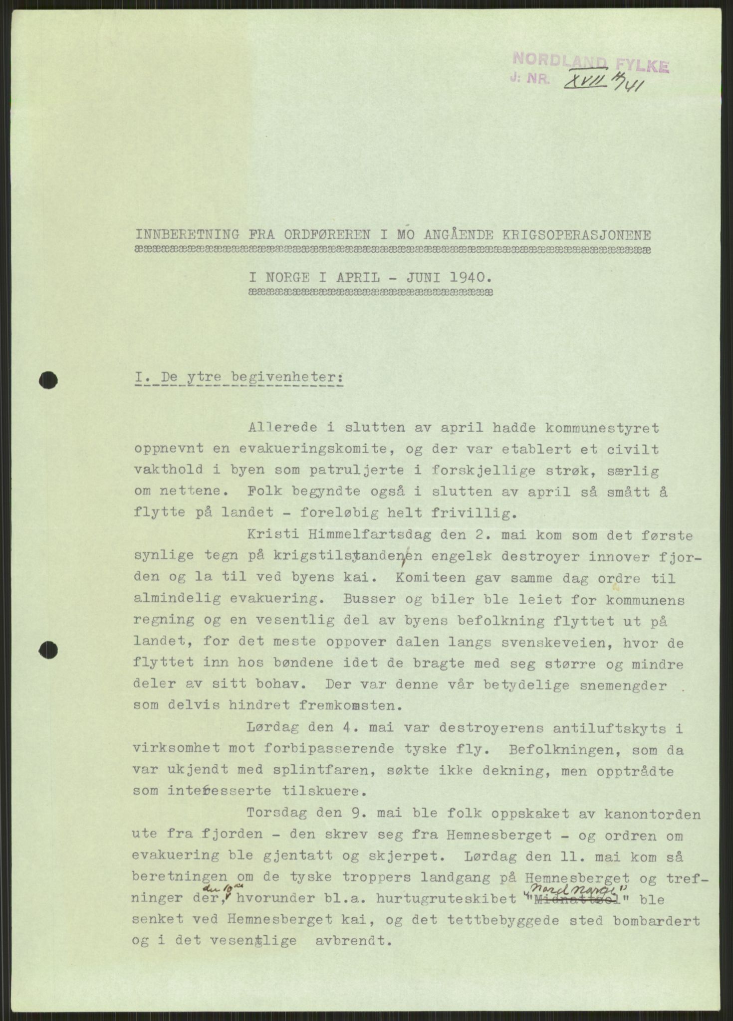 Forsvaret, Forsvarets krigshistoriske avdeling, RA/RAFA-2017/Y/Ya/L0017: II-C-11-31 - Fylkesmenn.  Rapporter om krigsbegivenhetene 1940., 1940, p. 190