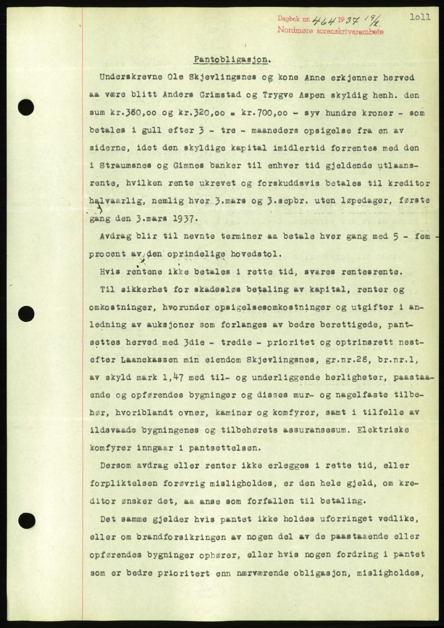 Nordmøre sorenskriveri, AV/SAT-A-4132/1/2/2Ca/L0090: Mortgage book no. B80, 1936-1937, Diary no: : 464/1937