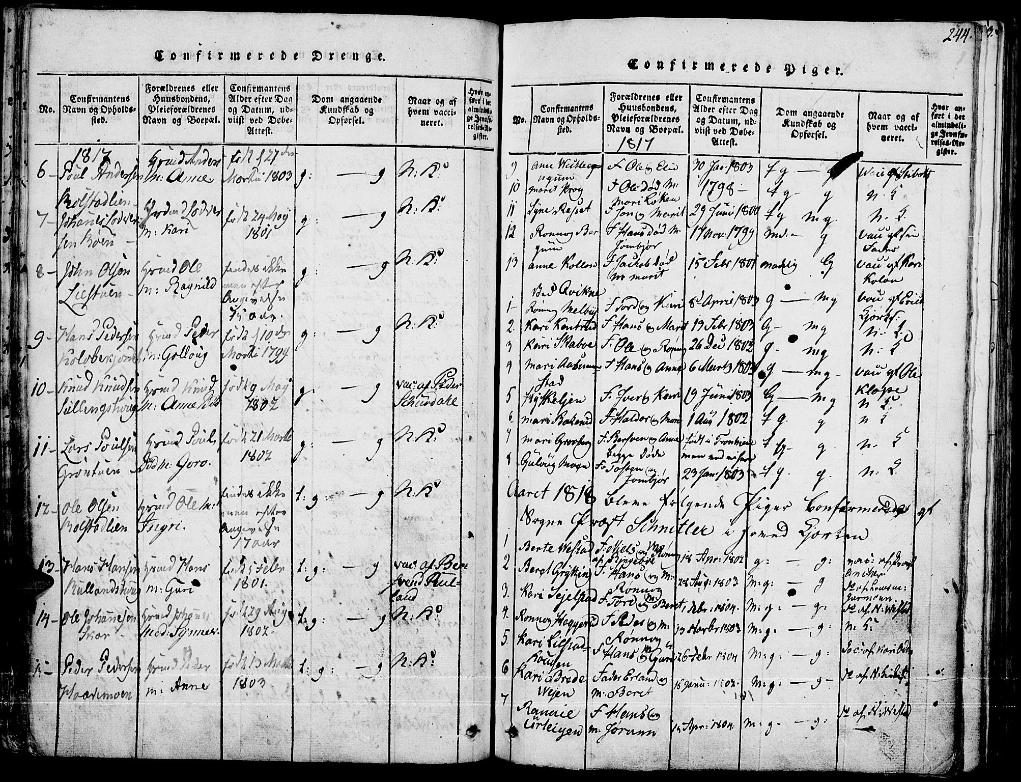 Fron prestekontor, SAH/PREST-078/H/Ha/Haa/L0002: Parish register (official) no. 2, 1816-1827, p. 244