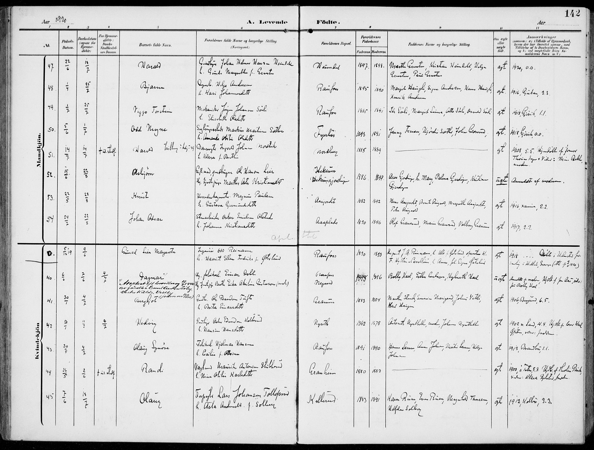 Vestre Toten prestekontor, AV/SAH-PREST-108/H/Ha/Haa/L0014: Parish register (official) no. 14, 1907-1920, p. 142