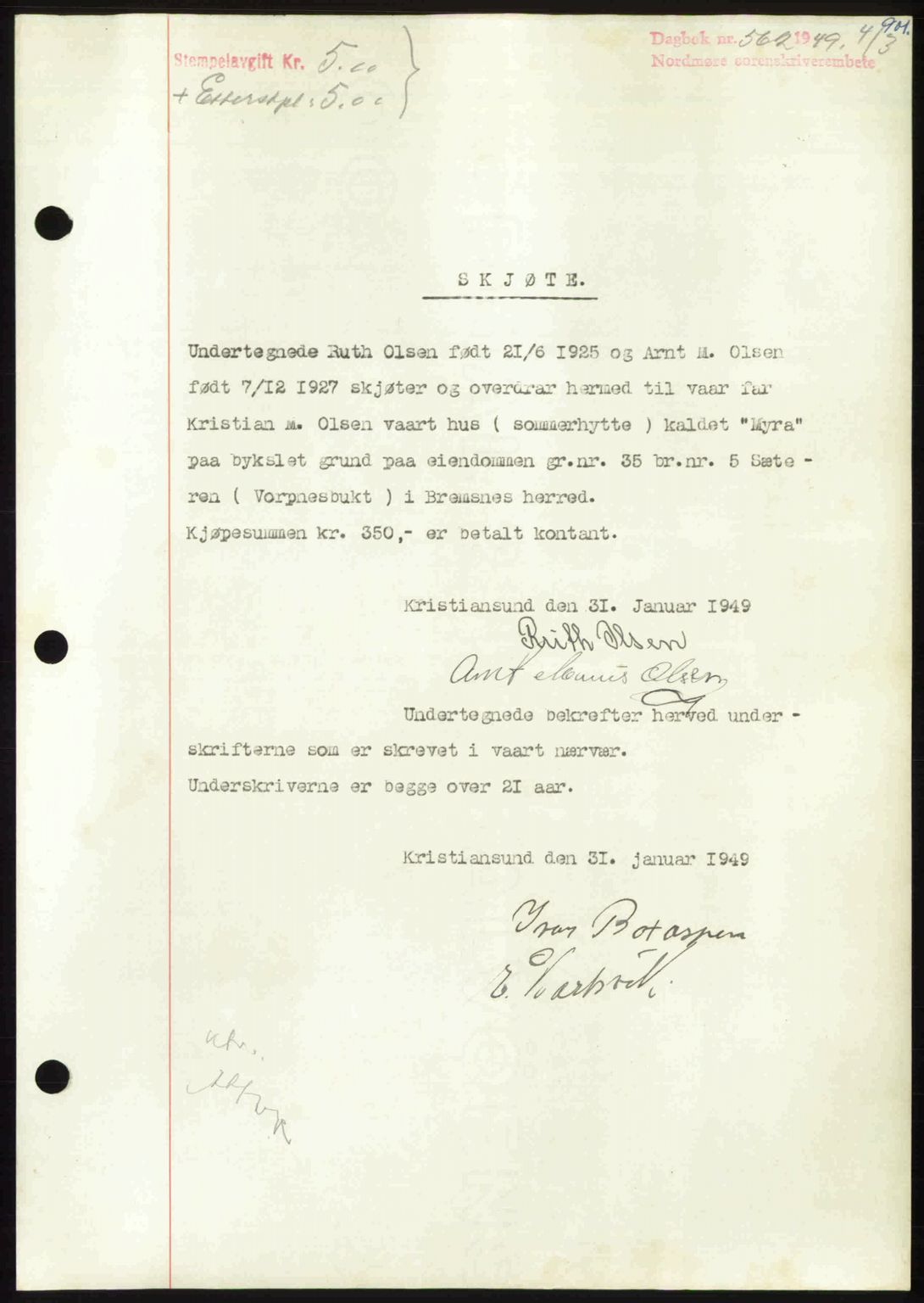 Nordmøre sorenskriveri, AV/SAT-A-4132/1/2/2Ca: Mortgage book no. A110, 1948-1949, Diary no: : 562/1949