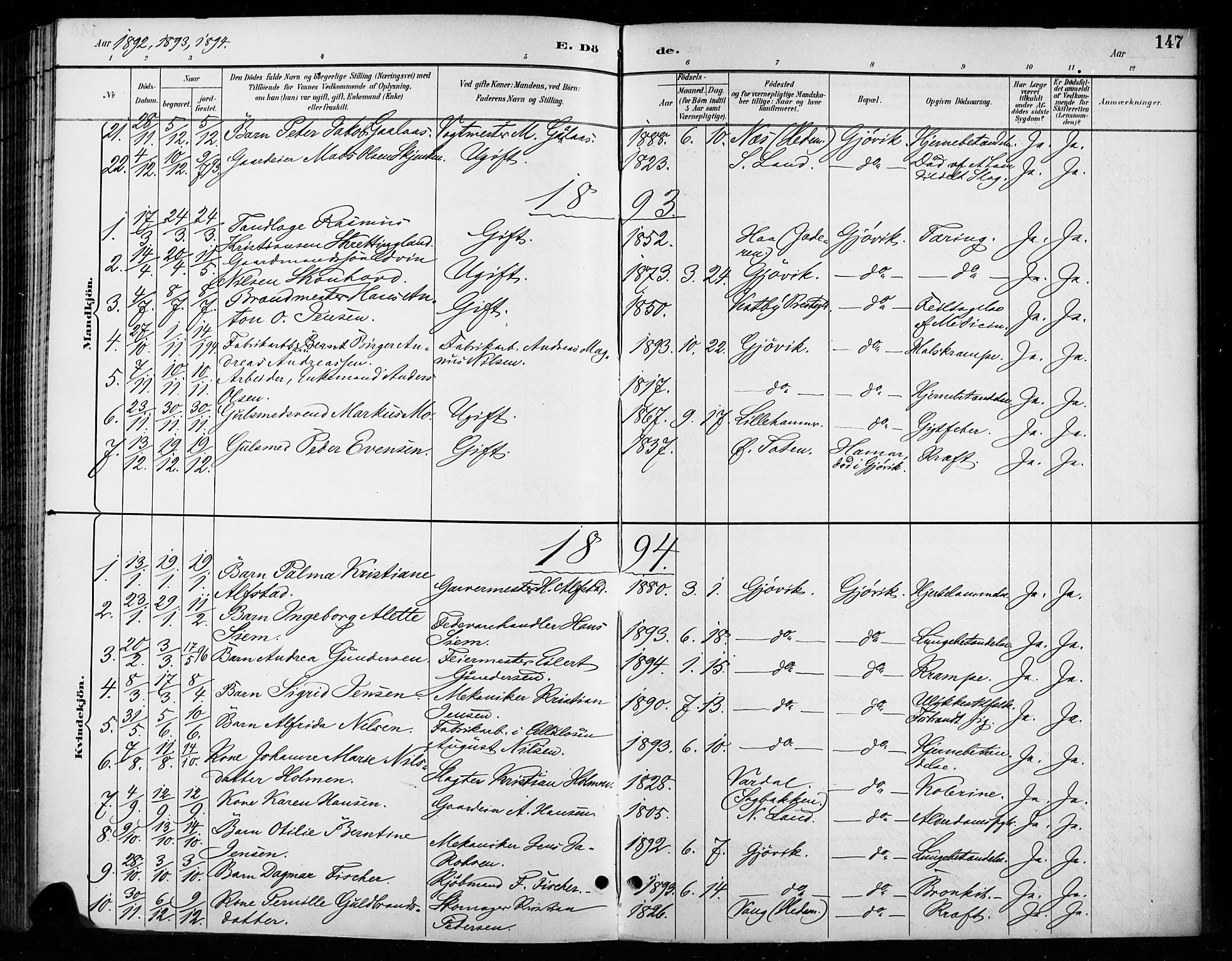 Vardal prestekontor, SAH/PREST-100/H/Ha/Haa/L0011: Parish register (official) no. 11, 1891-1901, p. 147