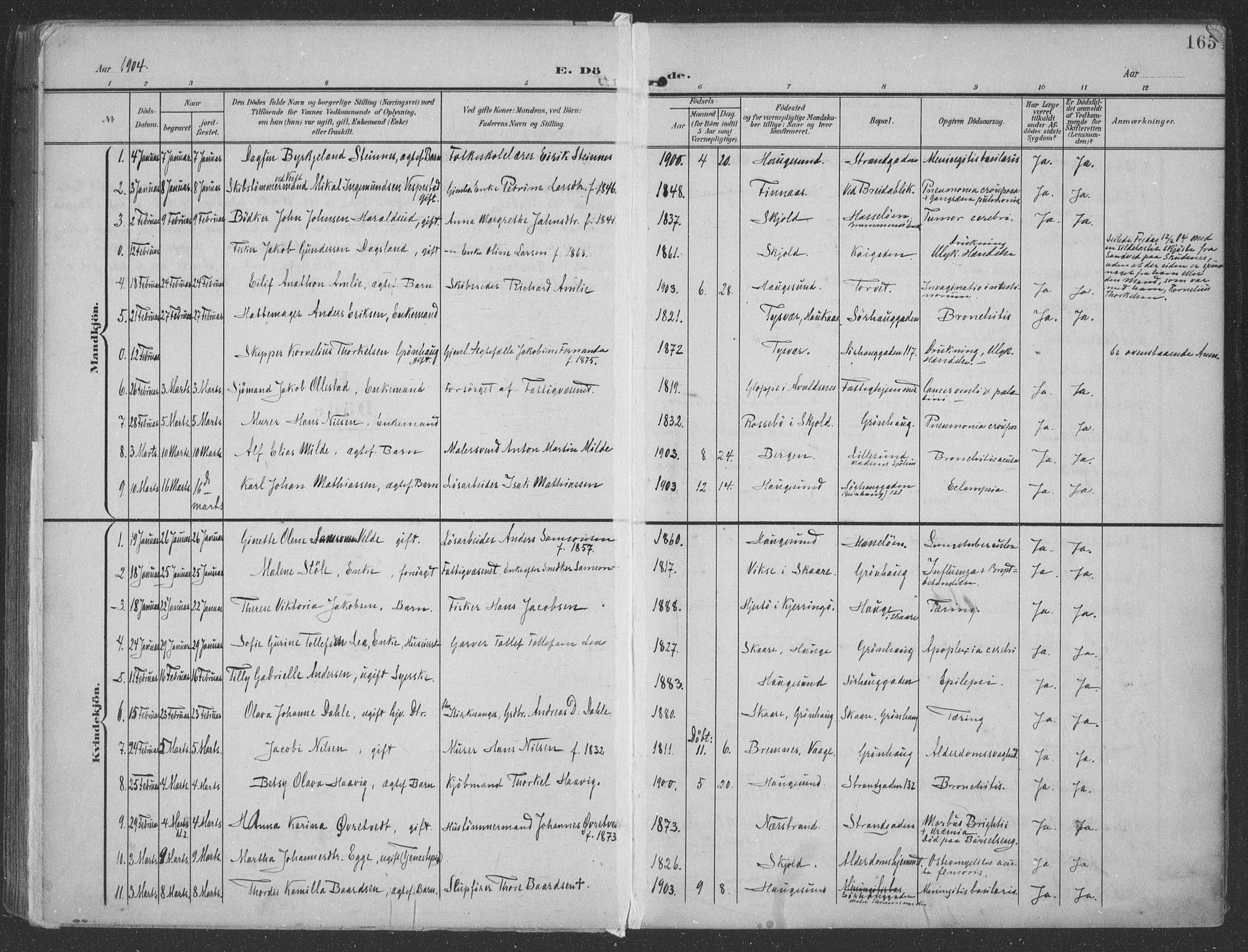 Haugesund sokneprestkontor, SAST/A -101863/H/Ha/Haa/L0007: Parish register (official) no. A 7, 1904-1916, p. 165
