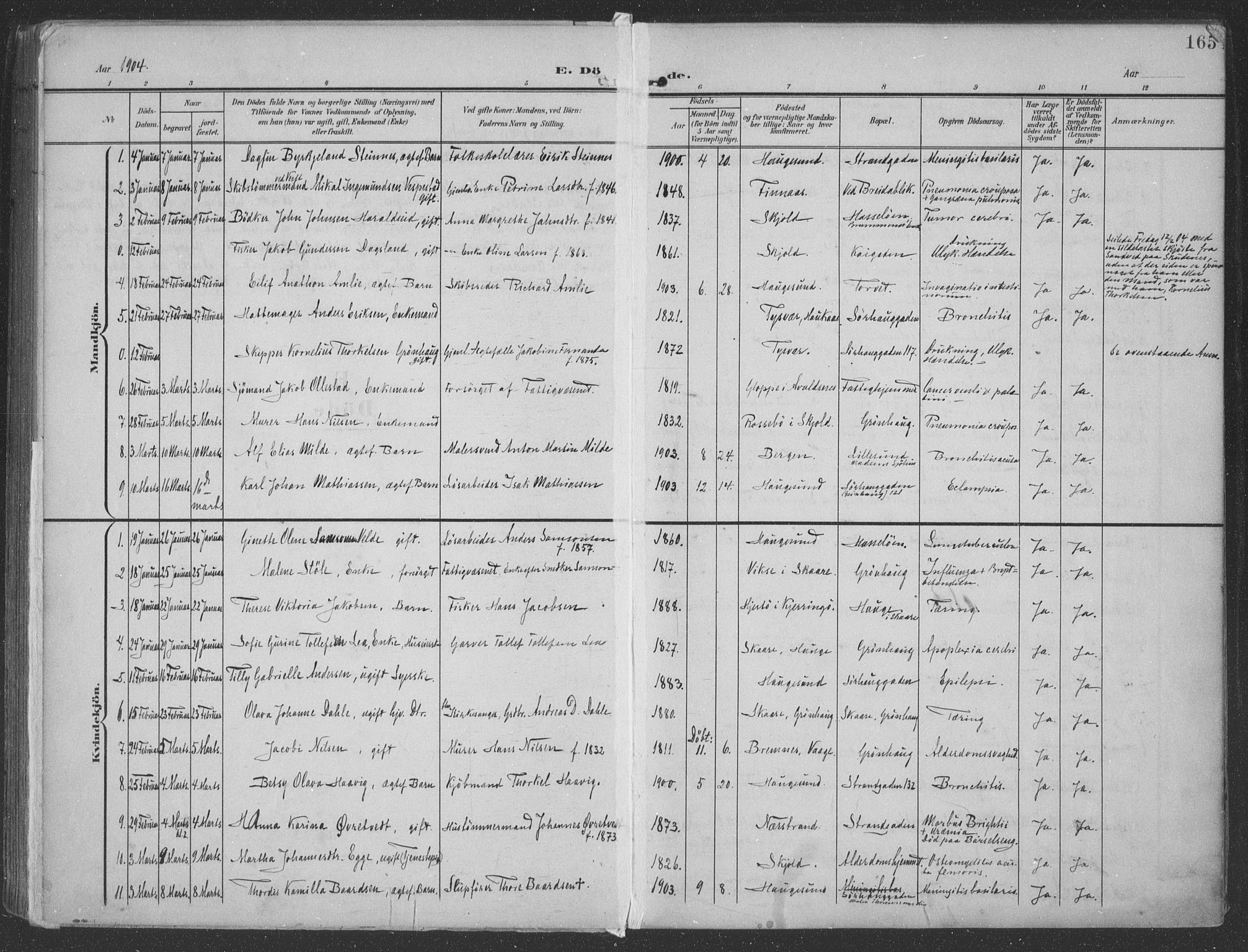 Haugesund sokneprestkontor, AV/SAST-A -101863/H/Ha/Haa/L0007: Parish register (official) no. A 7, 1904-1916, p. 165