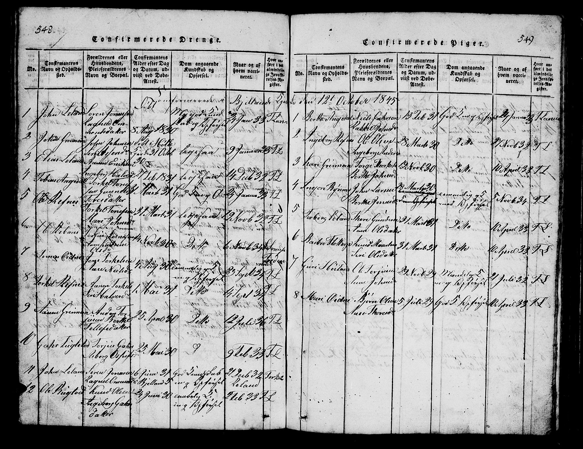 Bjelland sokneprestkontor, SAK/1111-0005/F/Fb/Fbc/L0001: Parish register (copy) no. B 1, 1815-1870, p. 548-549