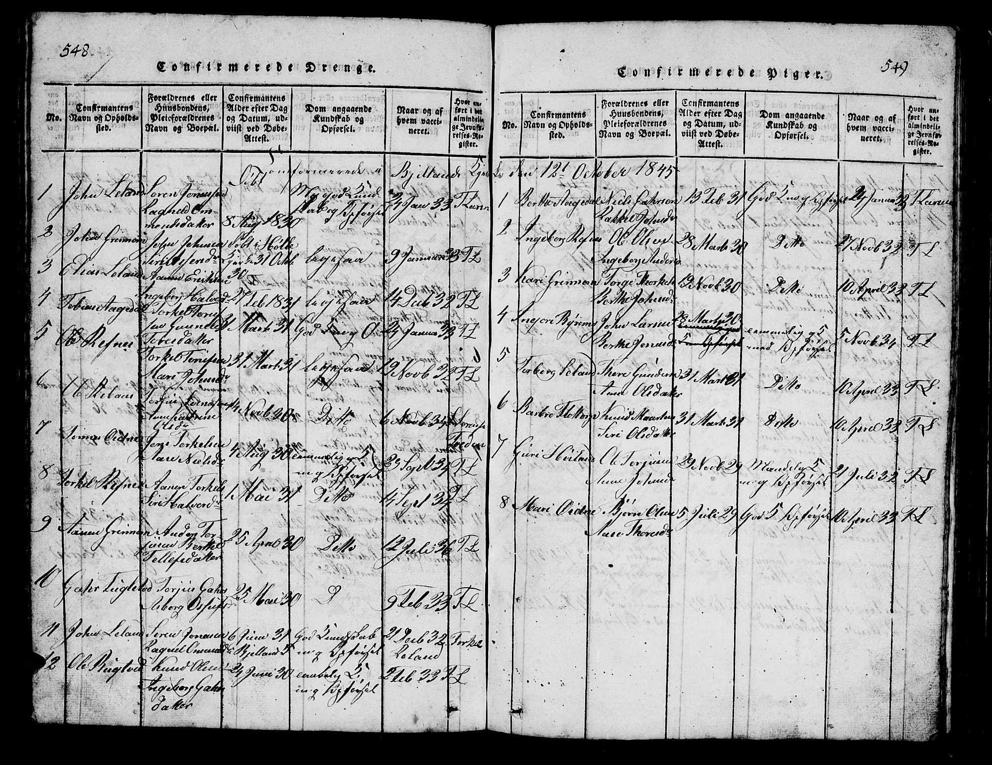 Bjelland sokneprestkontor, AV/SAK-1111-0005/F/Fb/Fbc/L0001: Parish register (copy) no. B 1, 1815-1870, p. 548-549