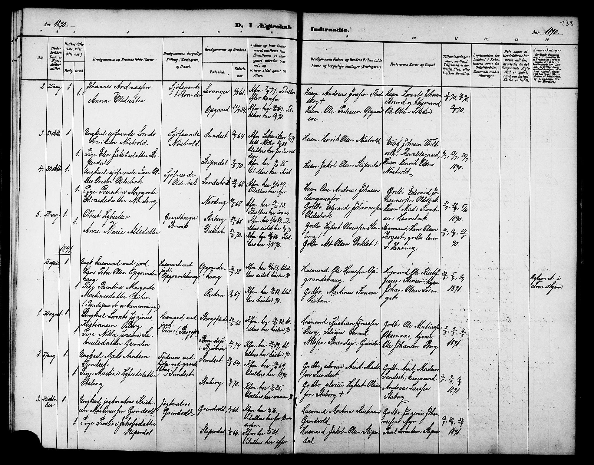 Ministerialprotokoller, klokkerbøker og fødselsregistre - Nord-Trøndelag, SAT/A-1458/733/L0327: Parish register (copy) no. 733C02, 1888-1918, p. 138