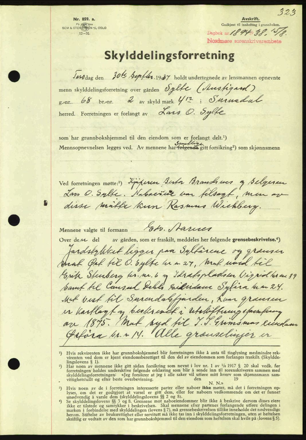 Nordmøre sorenskriveri, AV/SAT-A-4132/1/2/2Ca: Mortgage book no. A84, 1938-1938, Diary no: : 1894/1938