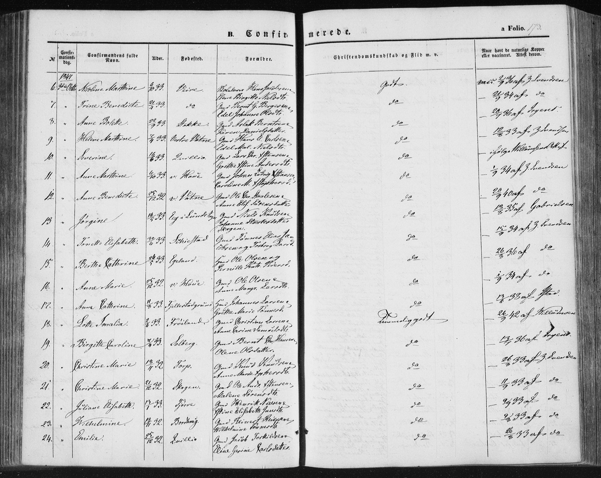 Lista sokneprestkontor, AV/SAK-1111-0027/F/Fa/L0010: Parish register (official) no. A 10, 1846-1861, p. 173