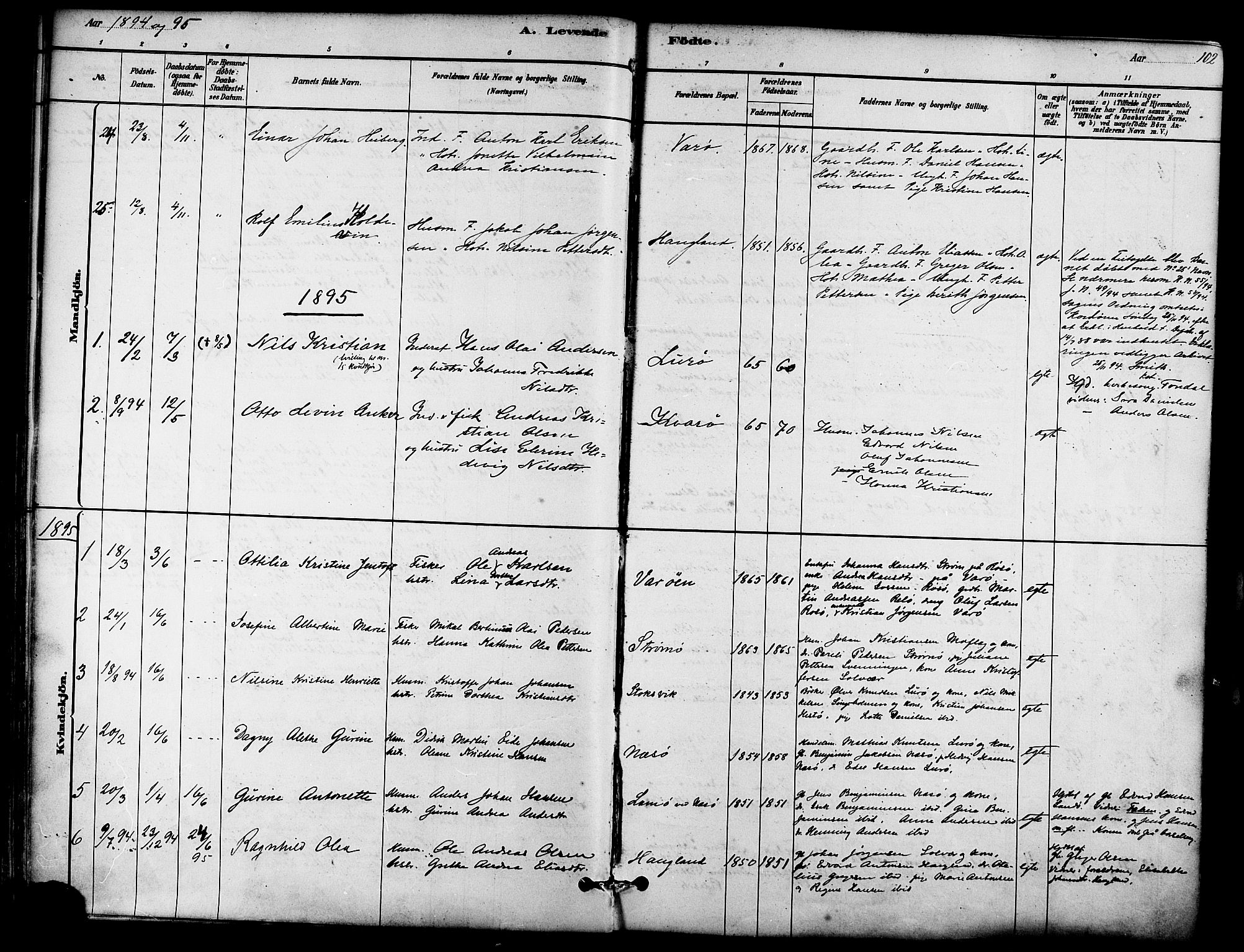 Ministerialprotokoller, klokkerbøker og fødselsregistre - Nordland, SAT/A-1459/839/L0568: Parish register (official) no. 839A05, 1880-1902, p. 102